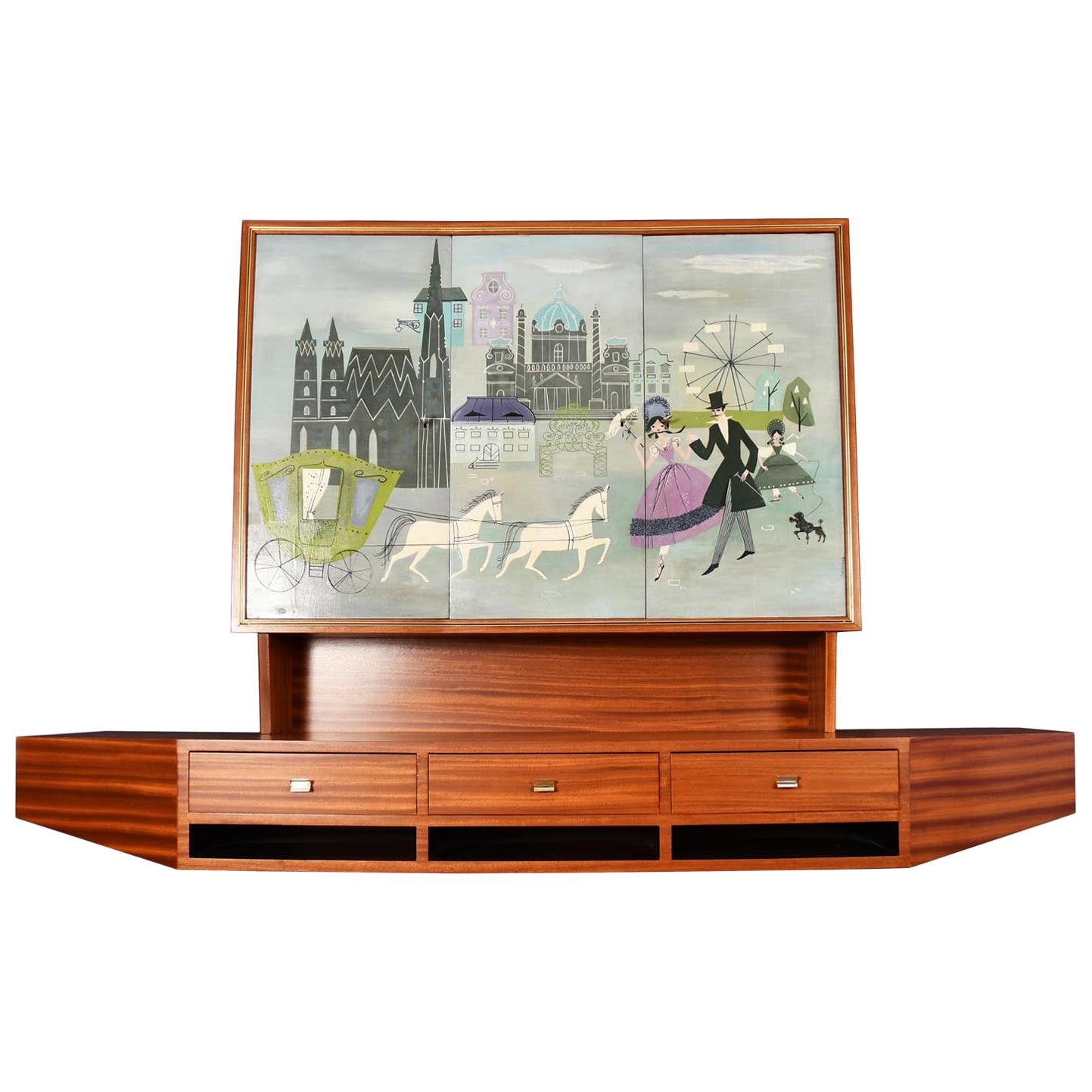 Mahogany Hanging Bar Austria 1950s Midcentury Cabinet Painting by Jahnass