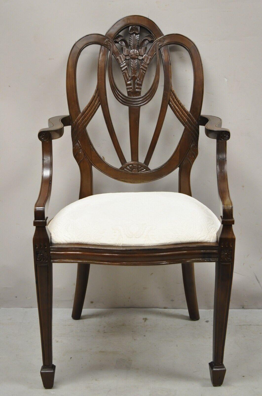 Mahogany Hepplewhite Style Prince of Wales Plume Carved Dining Arm Chair For Sale 6