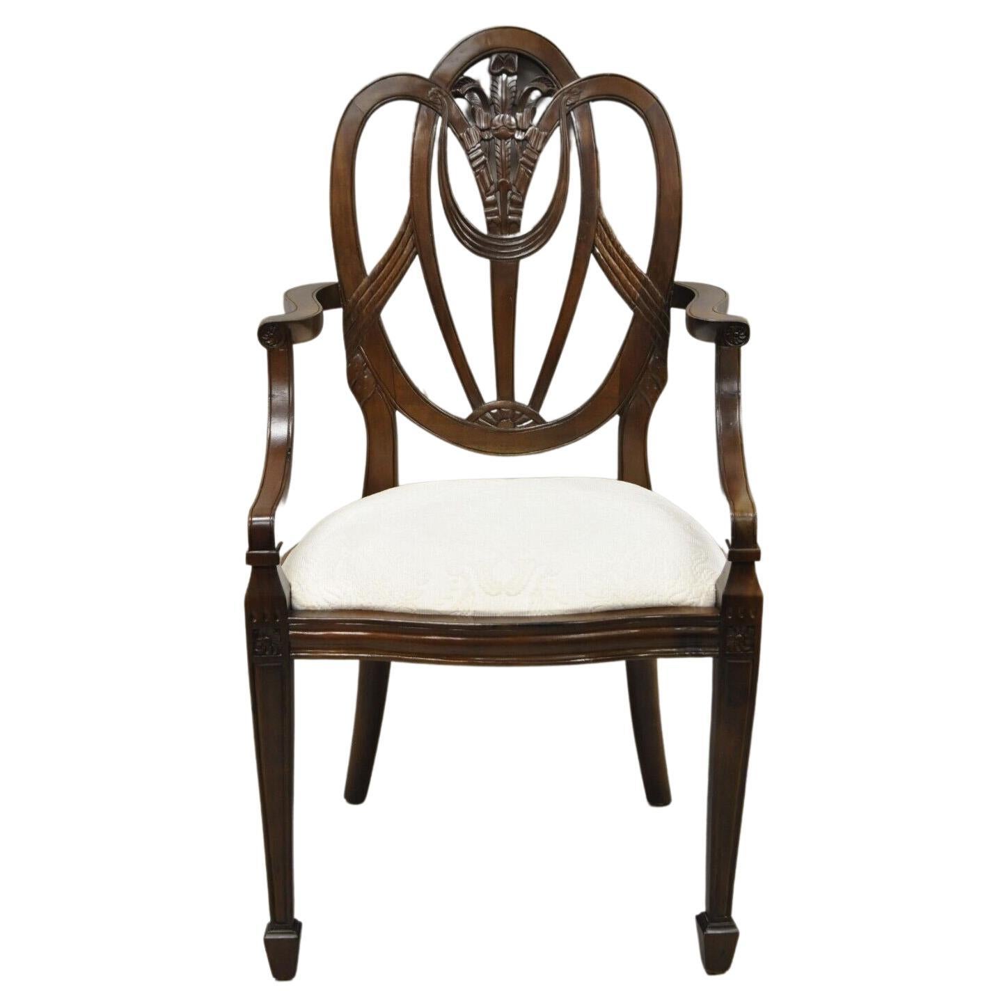 Mahogany Hepplewhite Style Prince of Wales Plume Carved Dining Arm Chair For Sale