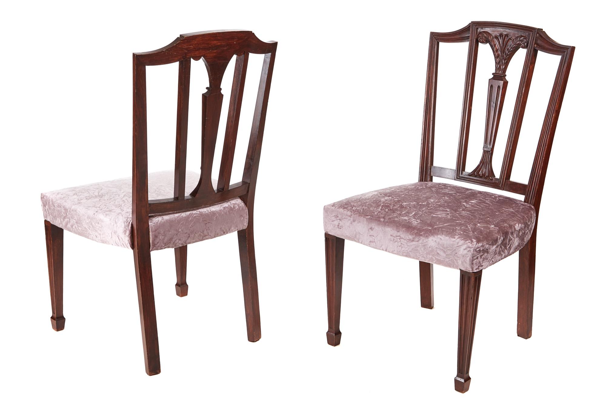 These are a pair of 19th century antique mahogany Hepplewhite style side chairs with shaped top rail and a carved and reeded centre splat. They have had newly reupholstered seats. They stand on reeded tapered front legs with out-swept back