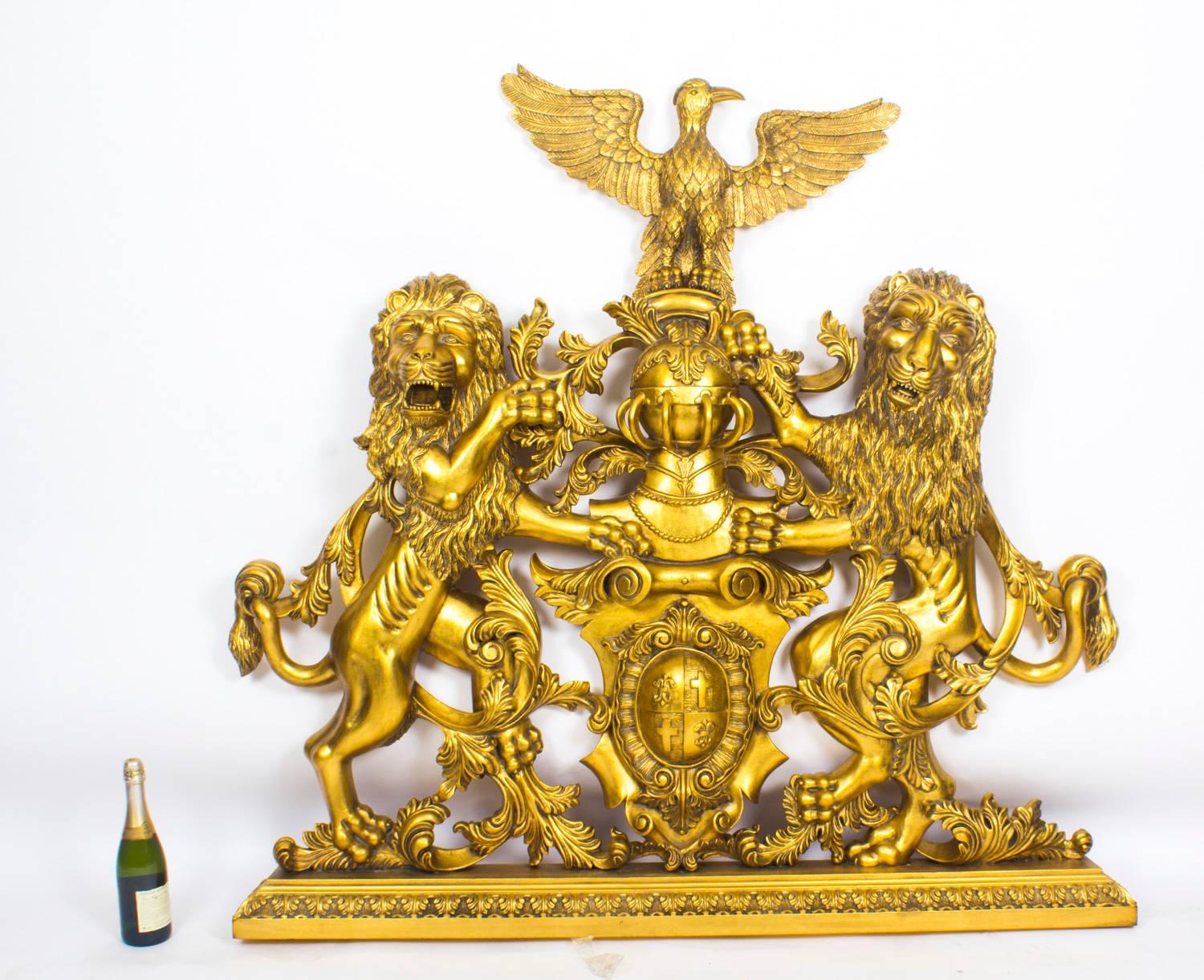 Mahogany Heraldic Carved Giltwood Coat of Arms, Late 20th Century 7
