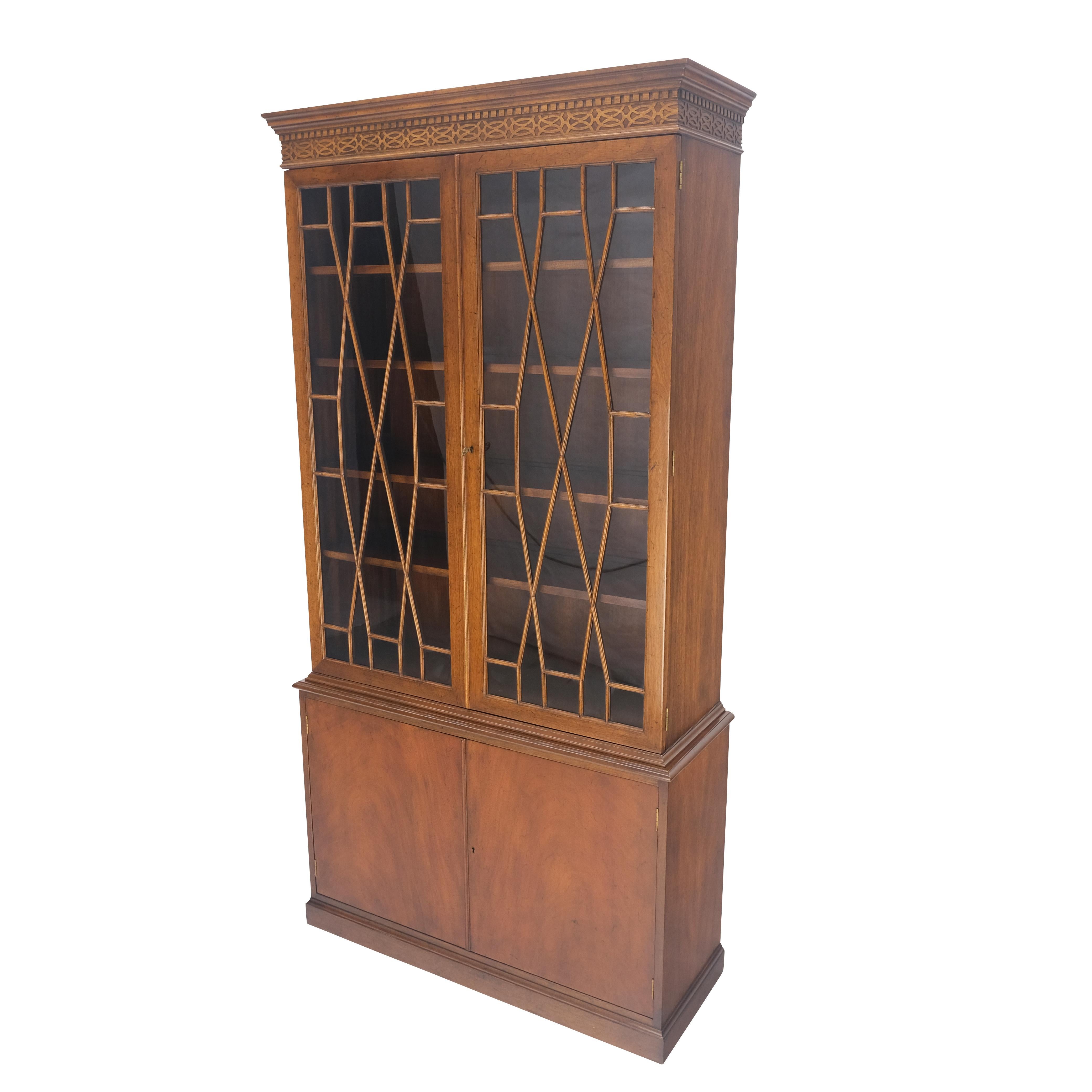 Georgian Mahogany Individual Pain Glass Double Door Bookcase Bottom Credenza Cabinet MINT For Sale