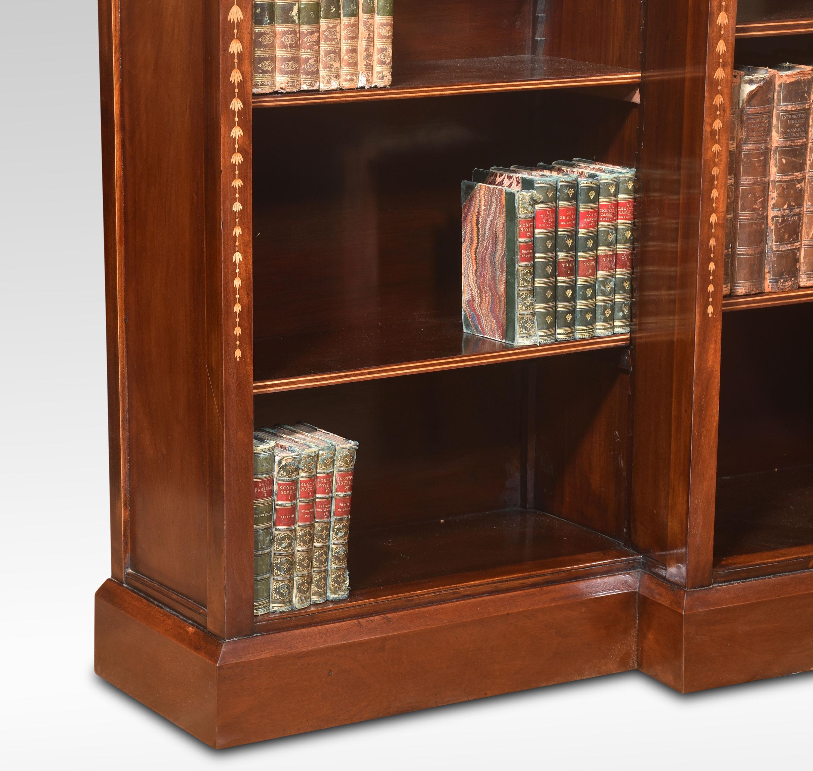 Wood Mahogany inlaid breakfront open bookcase For Sale