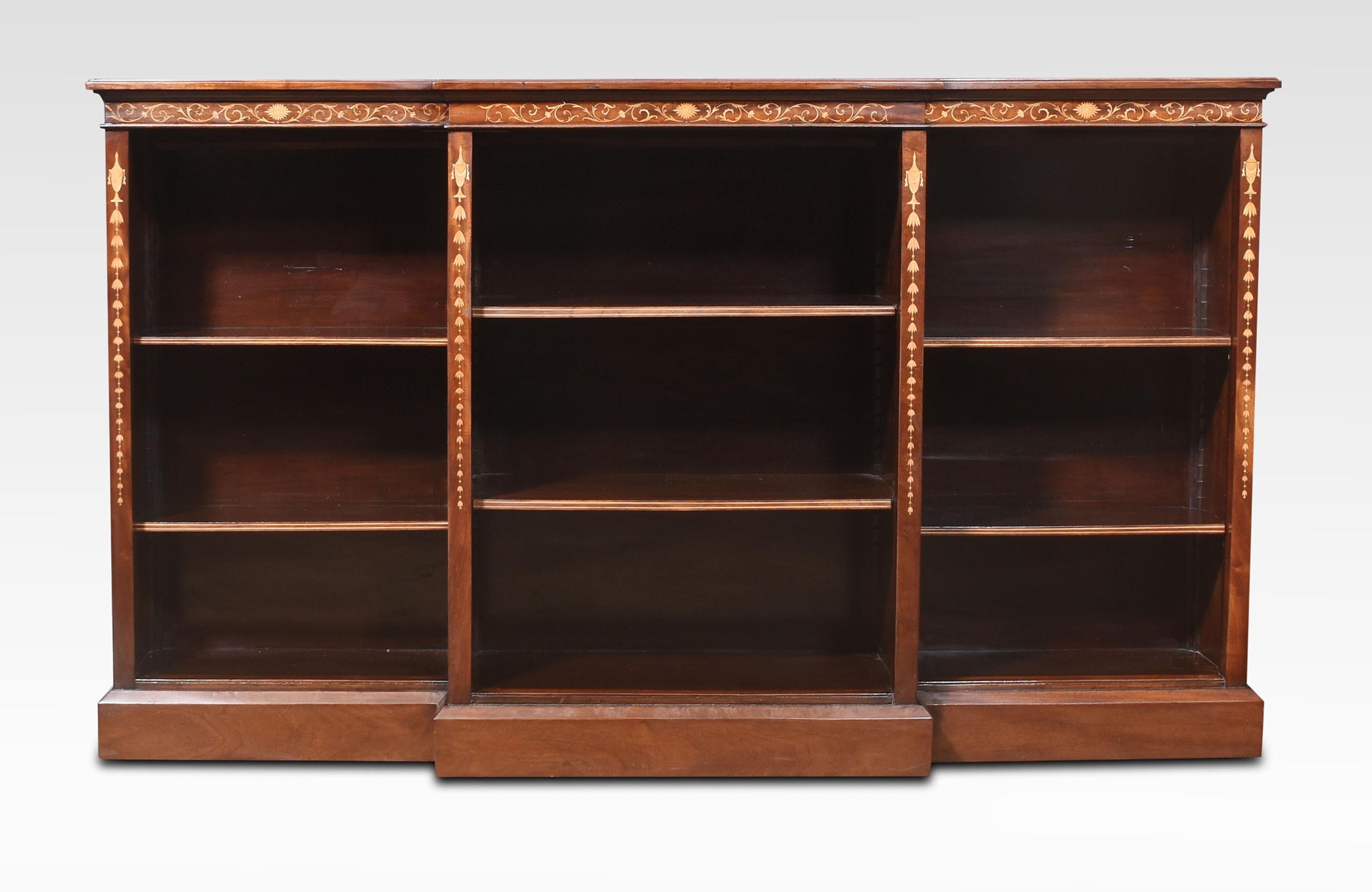 Mahogany inlaid breakfront open bookcase For Sale 1