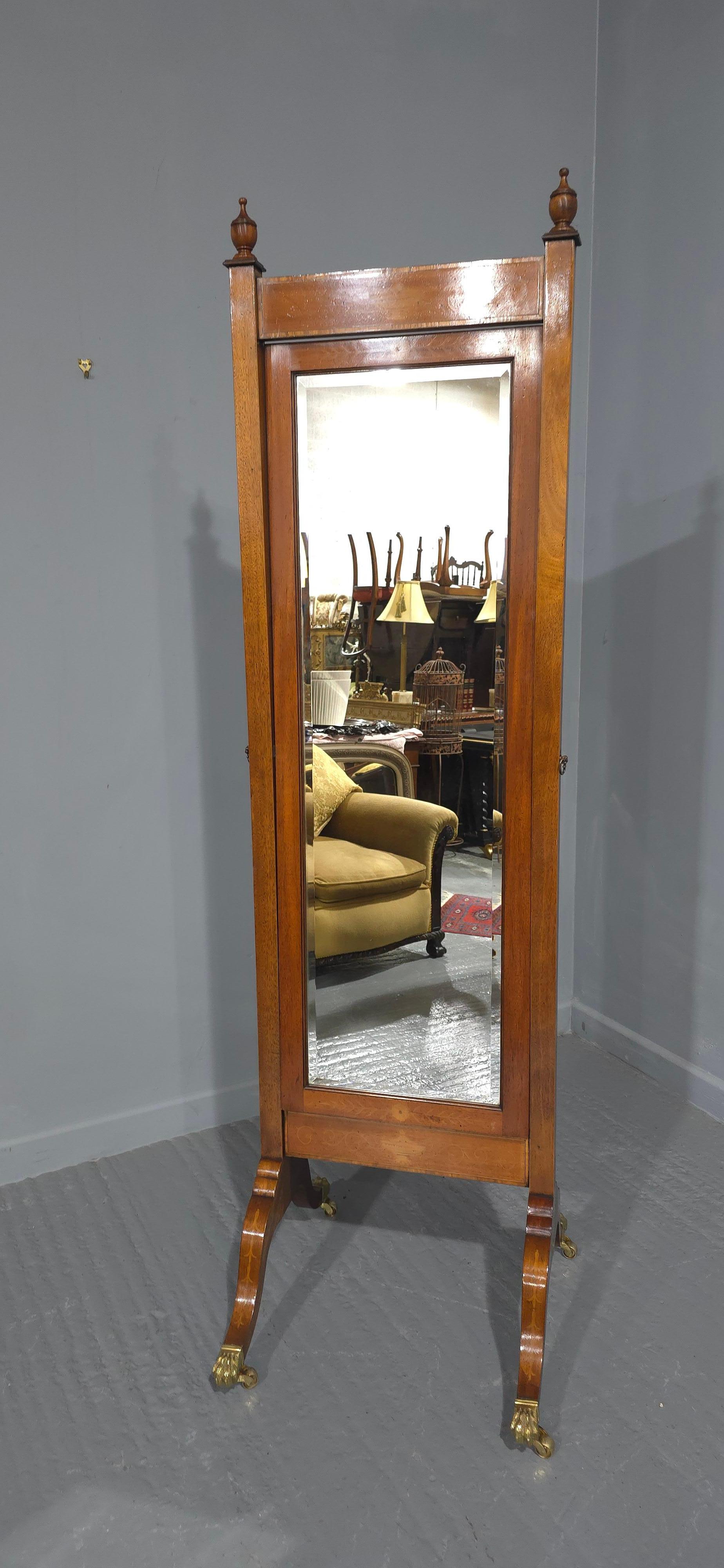 English Mahogany Inlaid Cheval Mirror For Sale