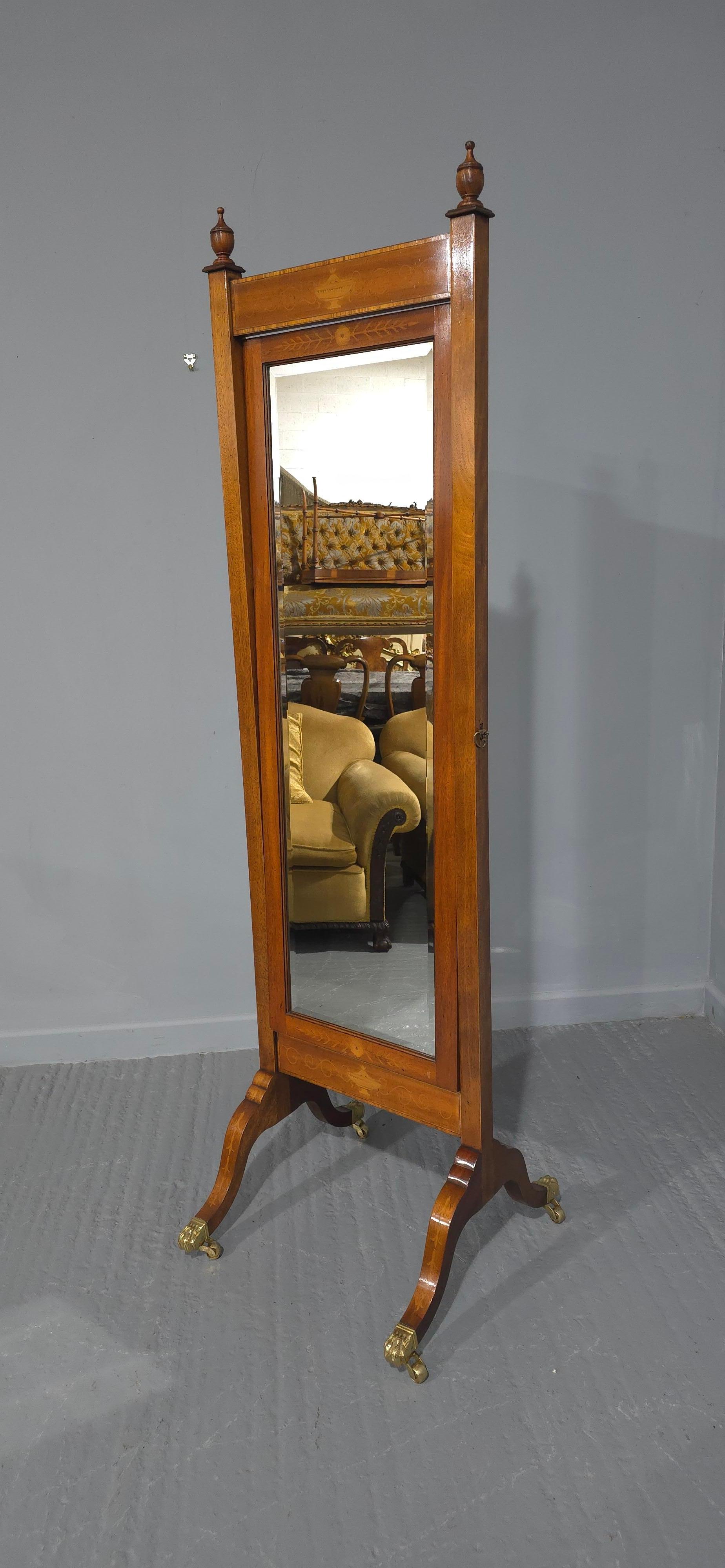 Mahogany Inlaid Cheval Mirror For Sale 1