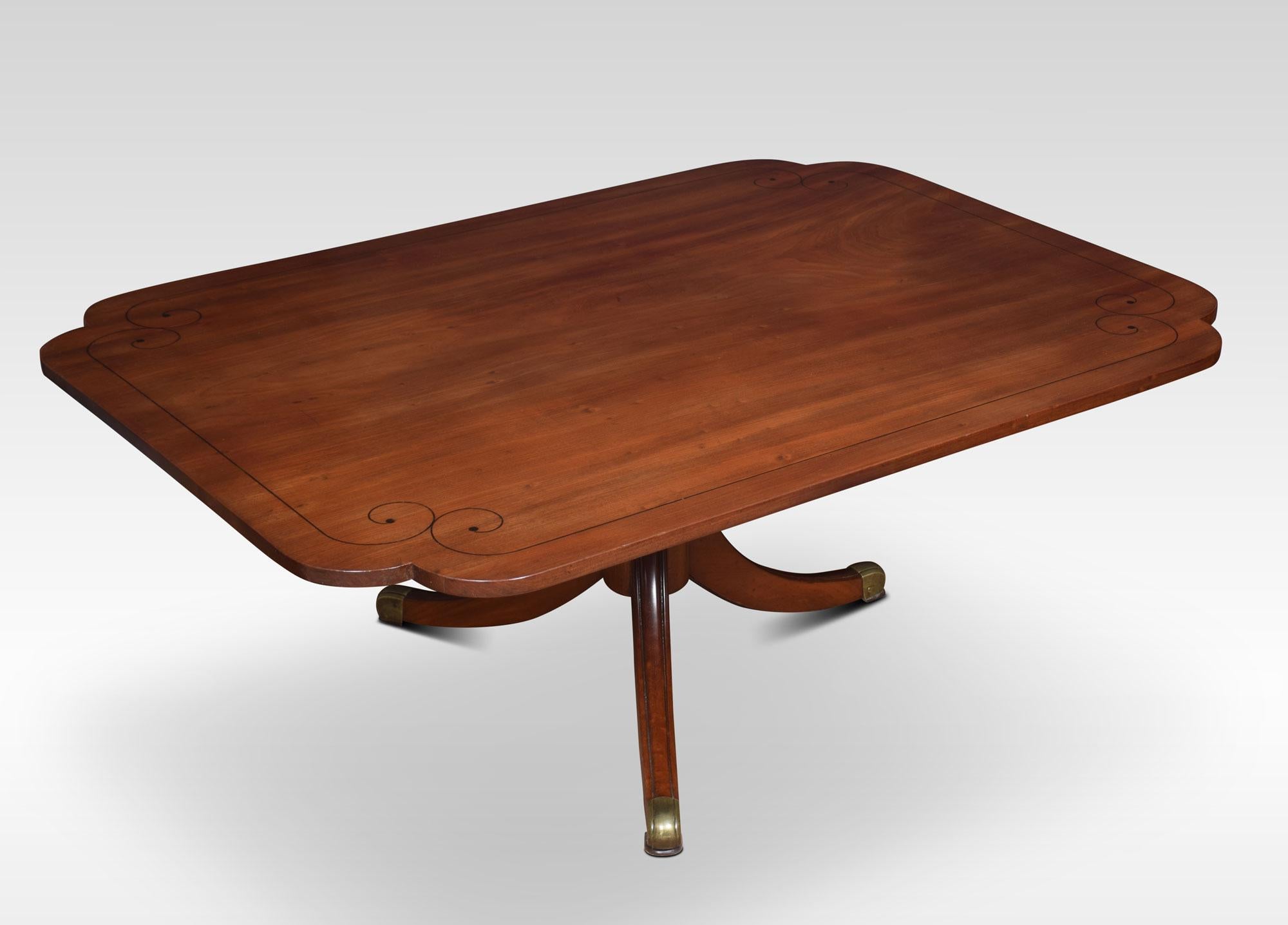 Regency mahogany coffee table, the shaped rectangular top having ebony inlay and moulded edge raised on a pedestal base and splayed legs. This table has been reduced to coffee table height
Dimensions:
Height 20.5 inches
Length 53.5 inches
width