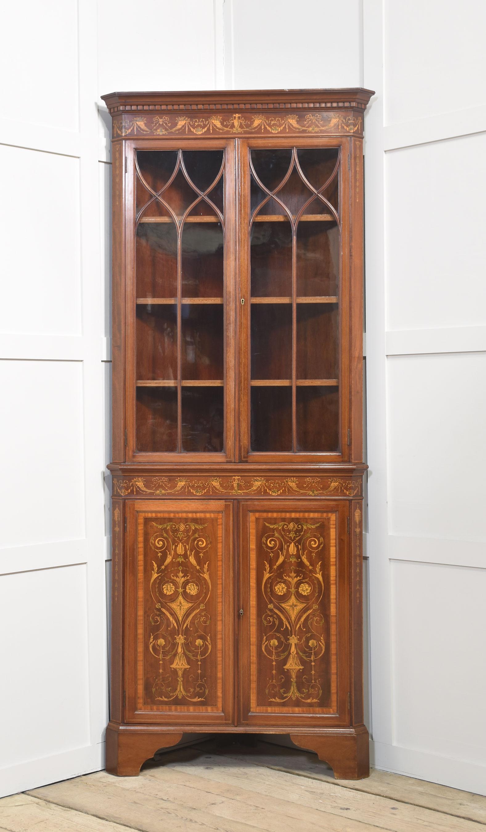 Wood Mahogany inlaid corner cabinet For Sale