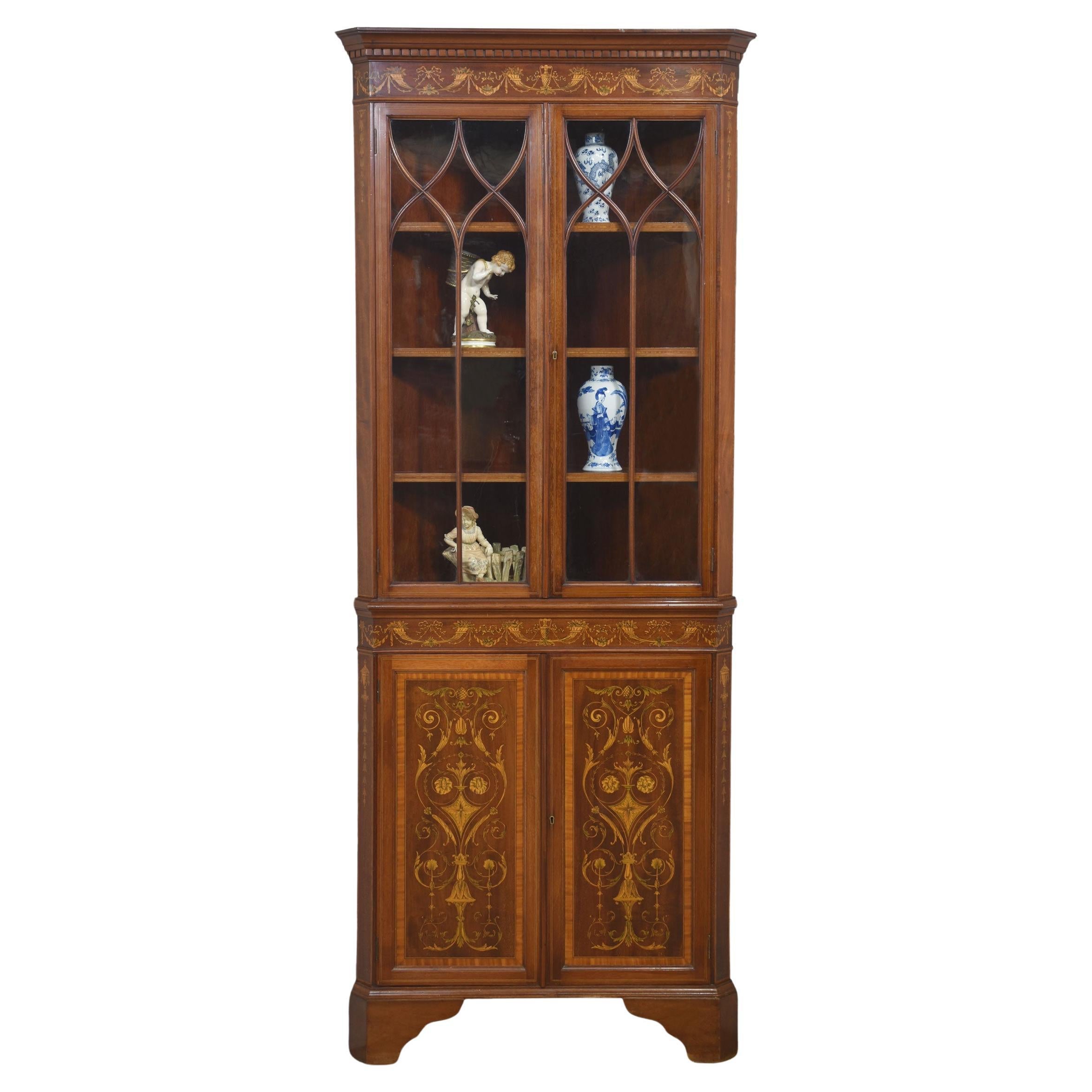 Mahogany inlaid corner cabinet For Sale
