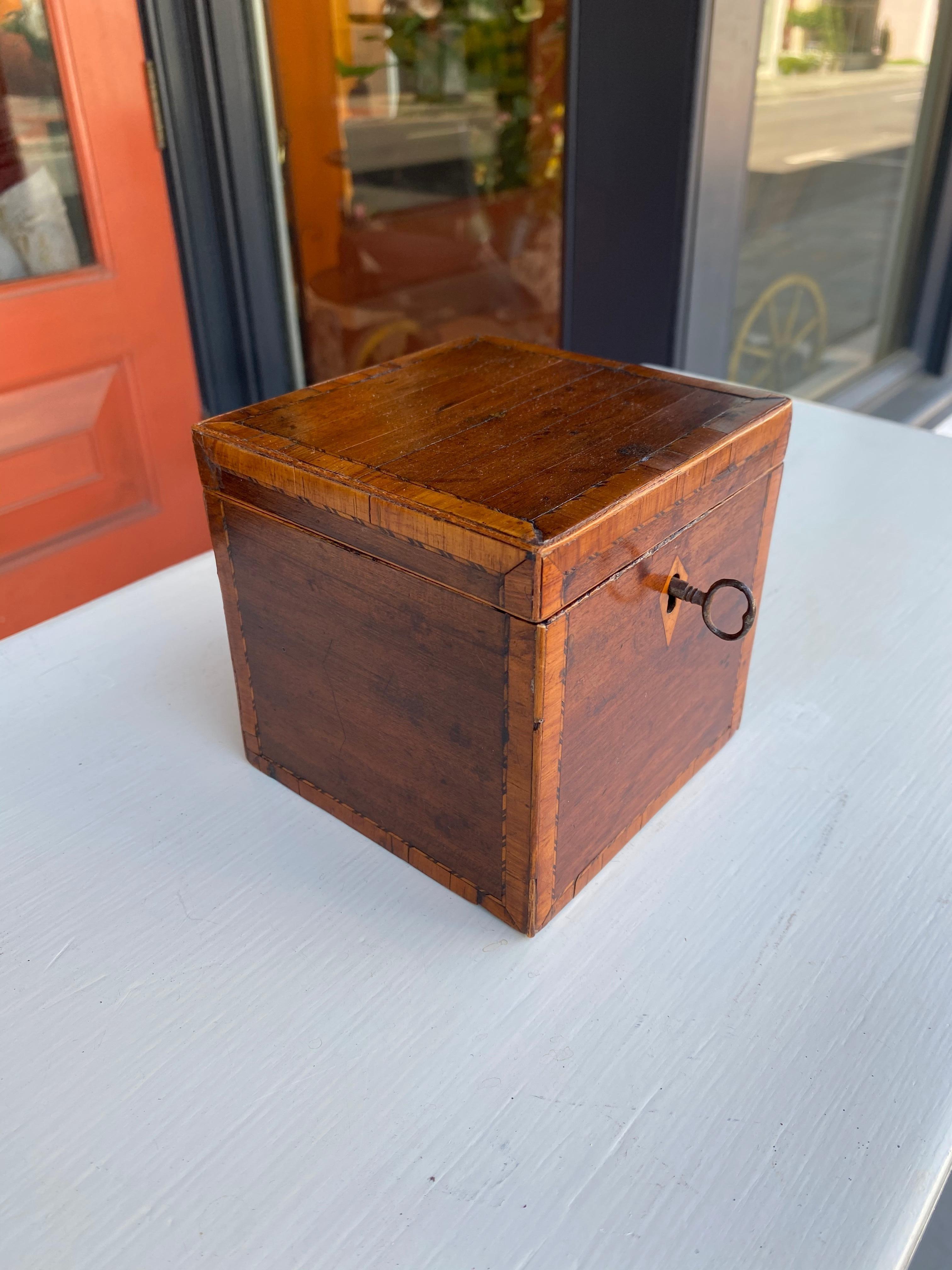 European Mahogany inlaid cube tea caddy with key early 19th century