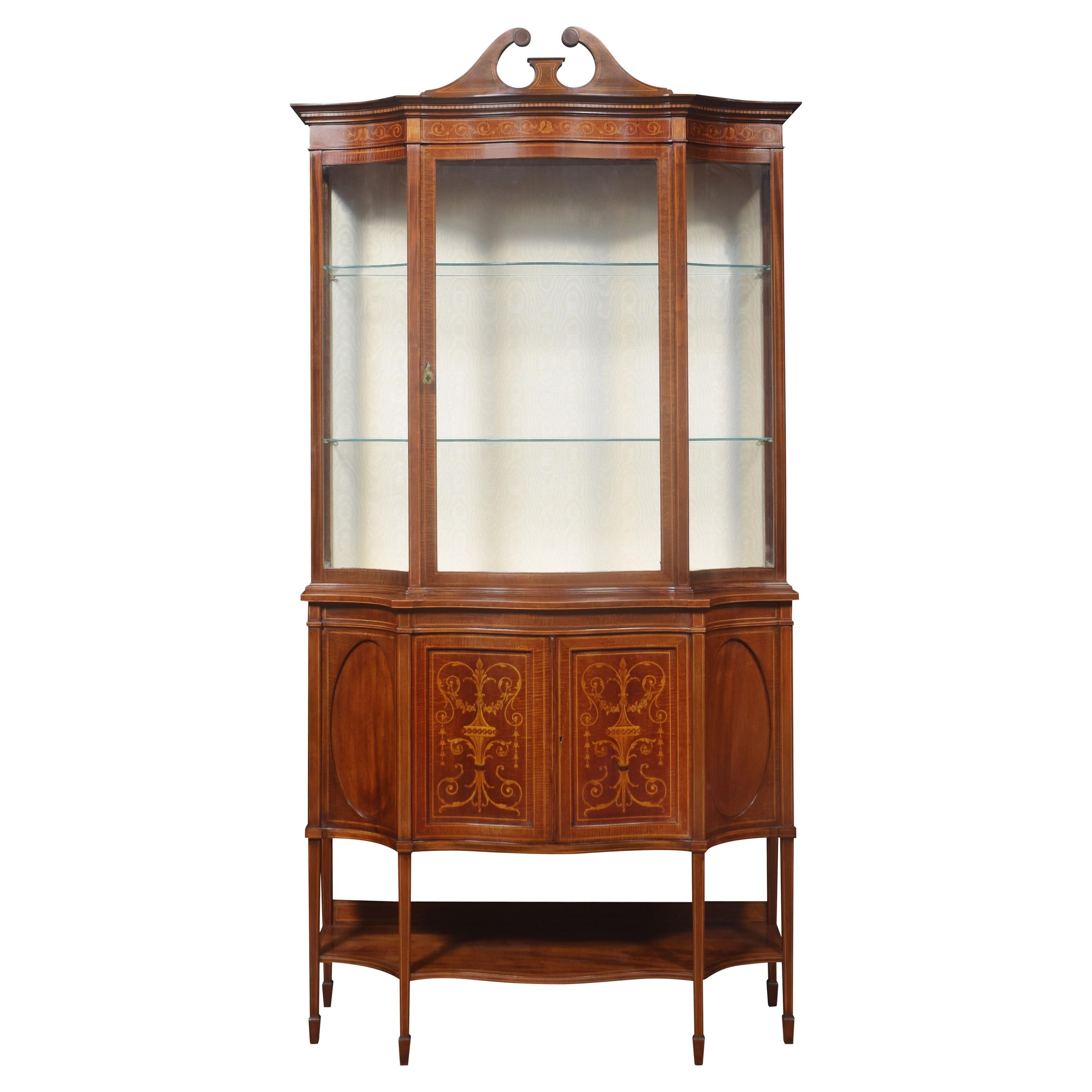  Mahogany Inlaid Serpentine Fronted Display Cabinet For Sale