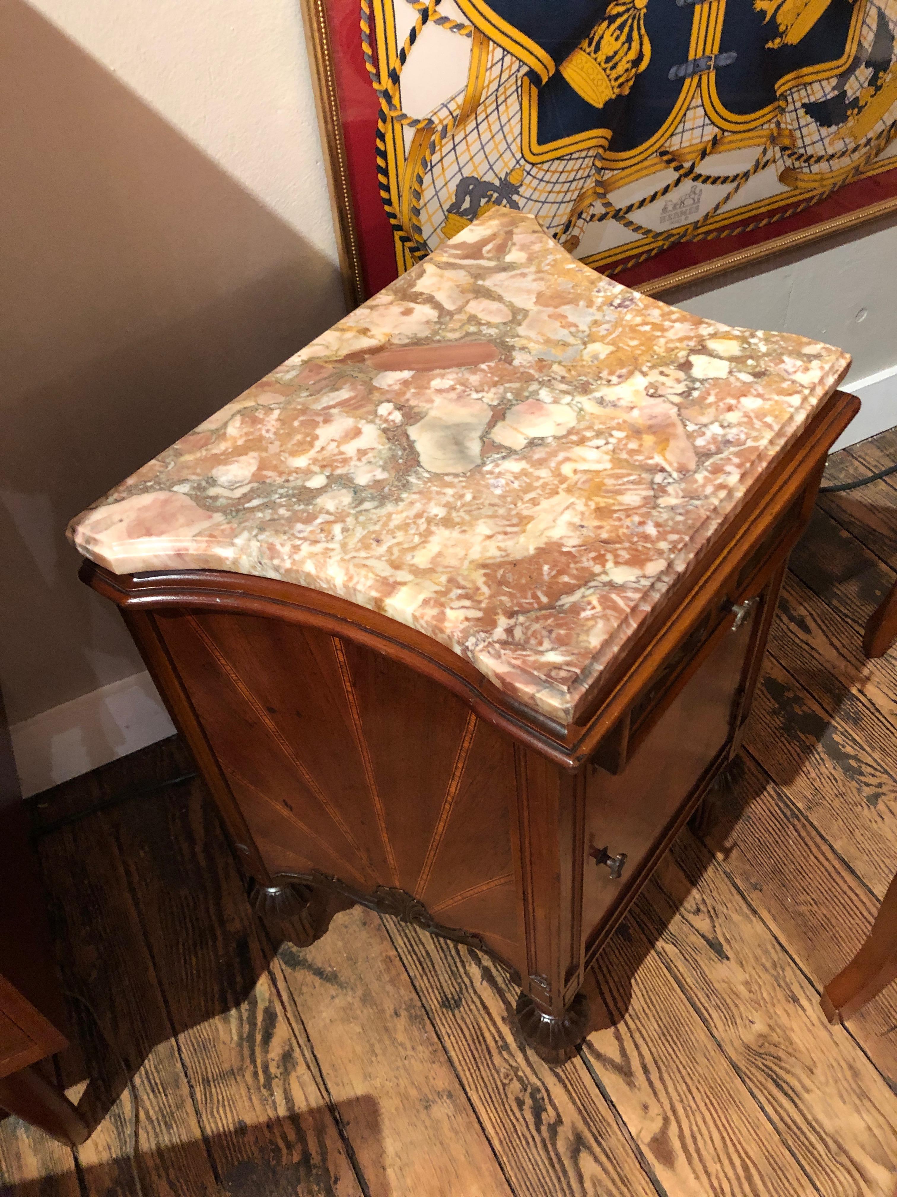 Art Deco Mahogany Inlay and Marble Top Nightstand End Table Cabinet