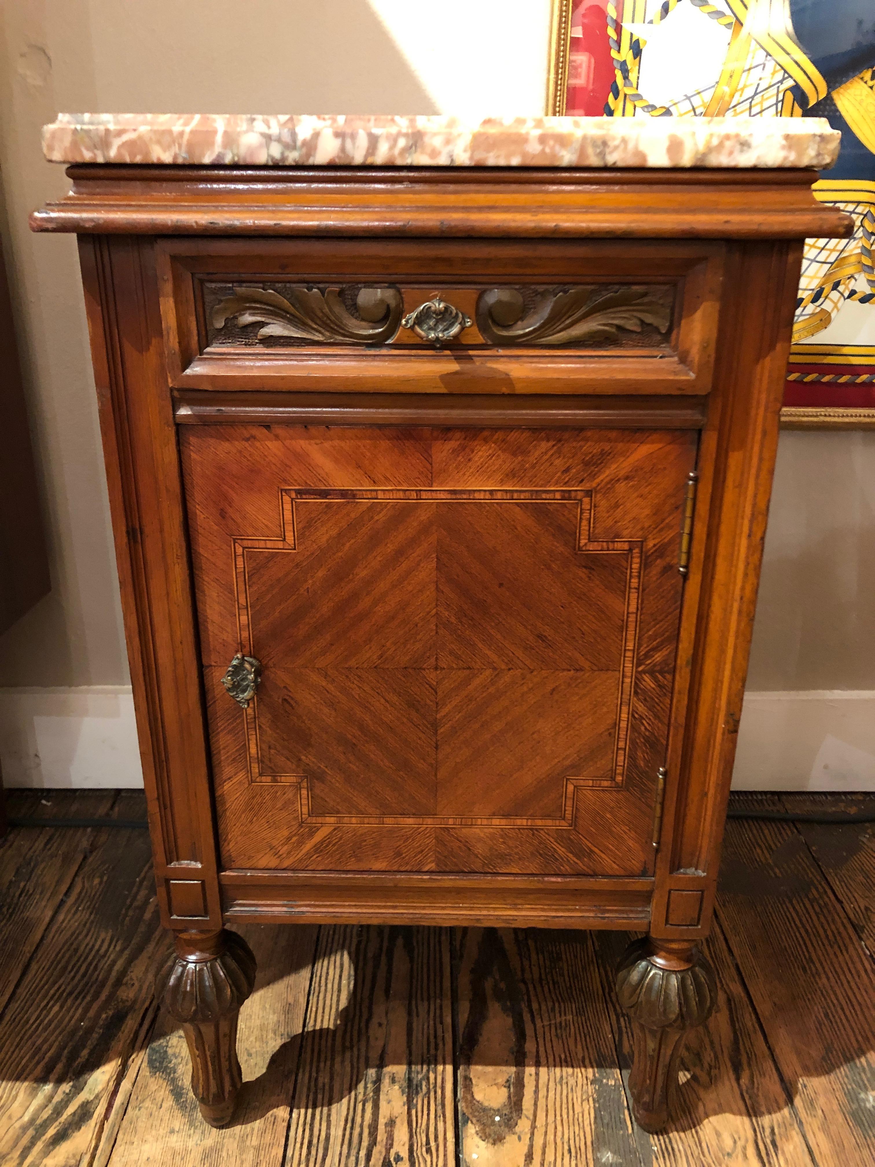French Mahogany Inlay and Marble Top Nightstand End Table Cabinet
