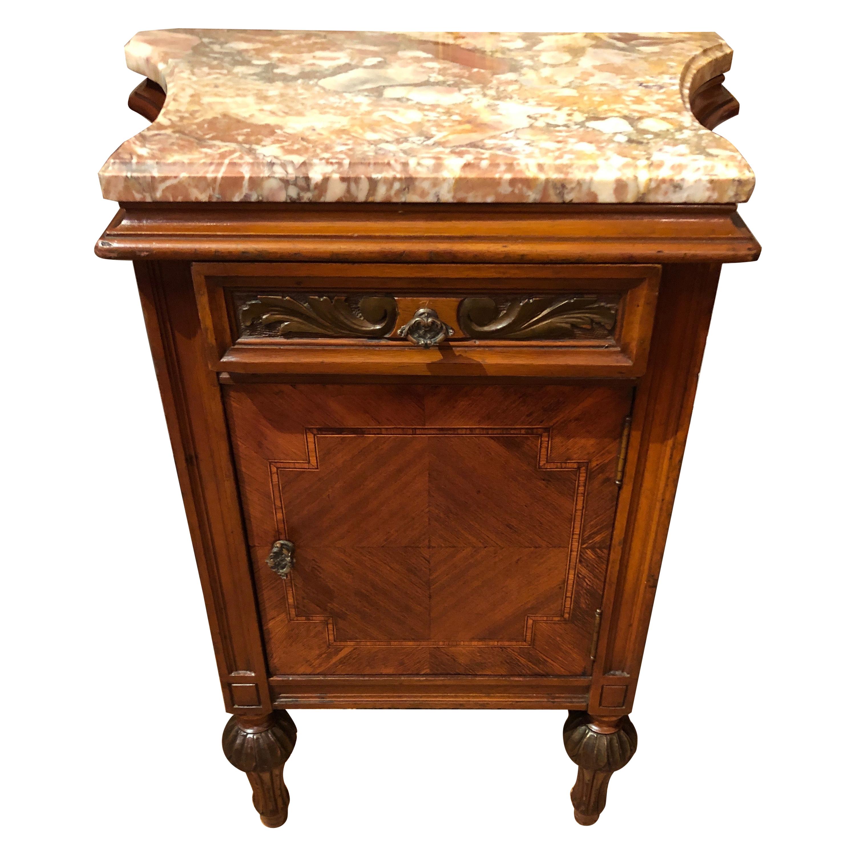 Mahogany Inlay and Marble Top Nightstand End Table Cabinet