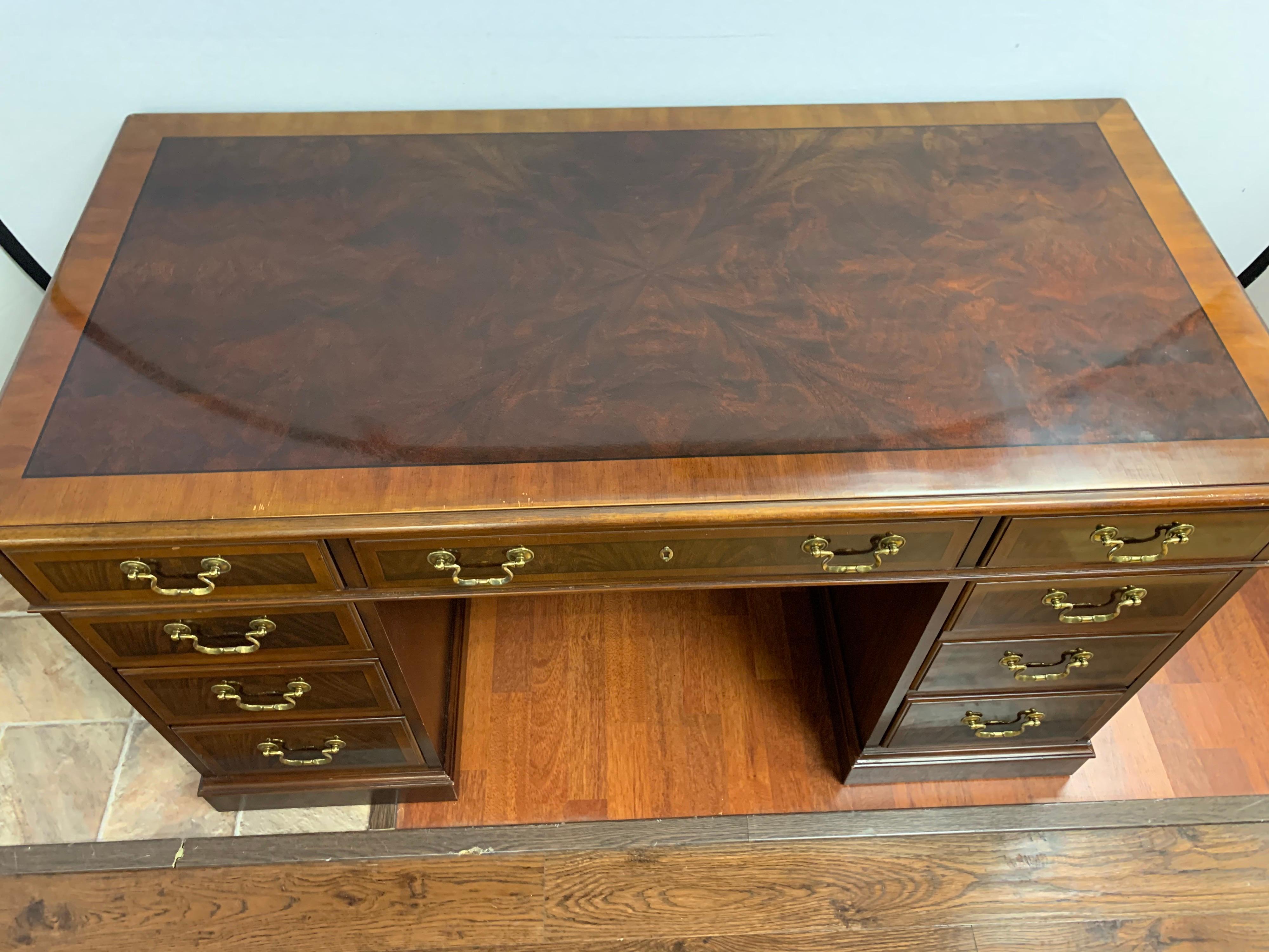 Mid-Century Modern Mahogany Inlay & Brass Kneehole Partners Desk Writing Table