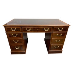 Vintage Mahogany Inlay & Brass Kneehole Partners Desk Writing Table