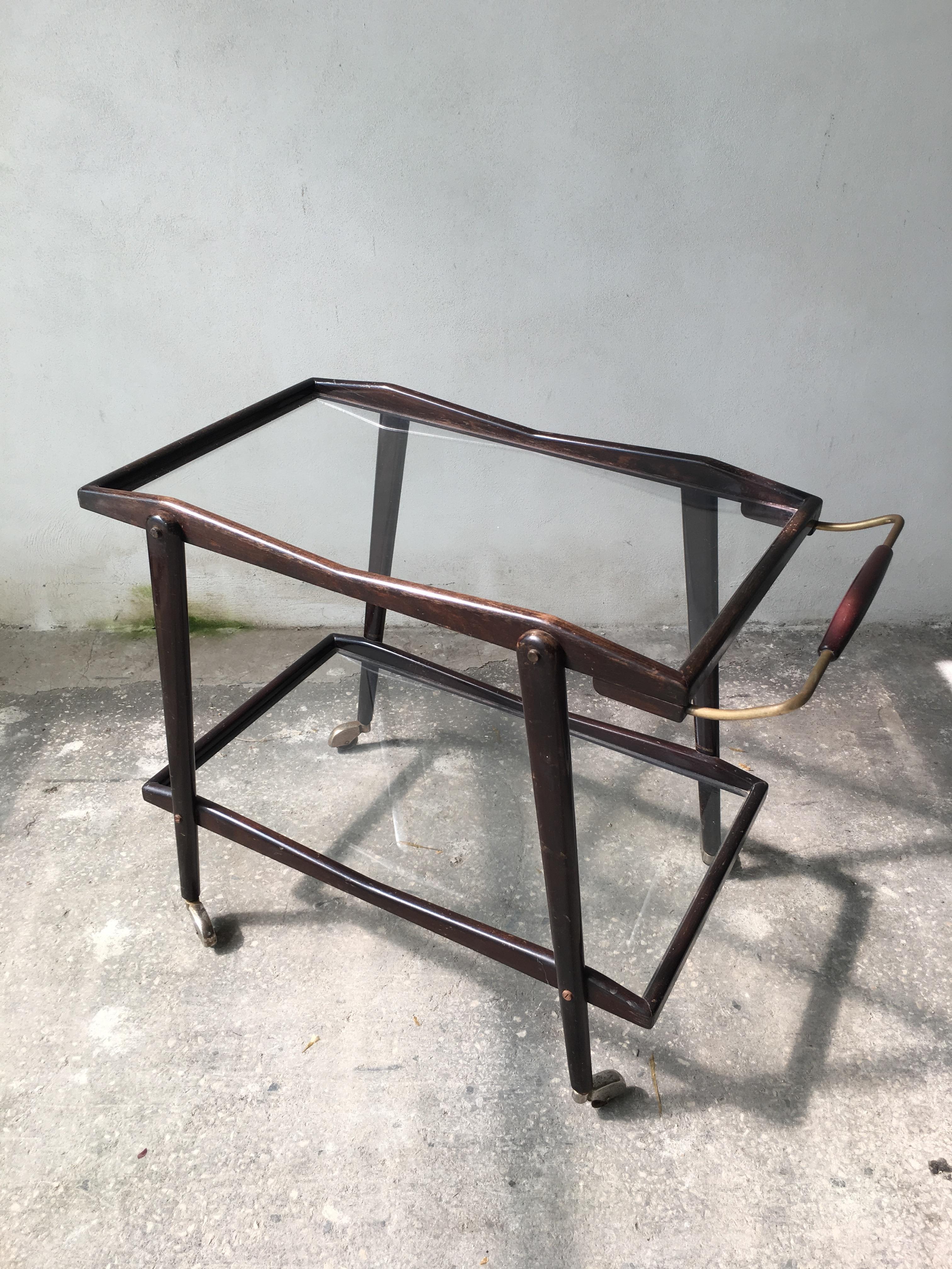 Mahogany Italian Bar Cart or Trolley Designed by Cesare Lacca, 1950s In Fair Condition For Sale In Fregene, IT
