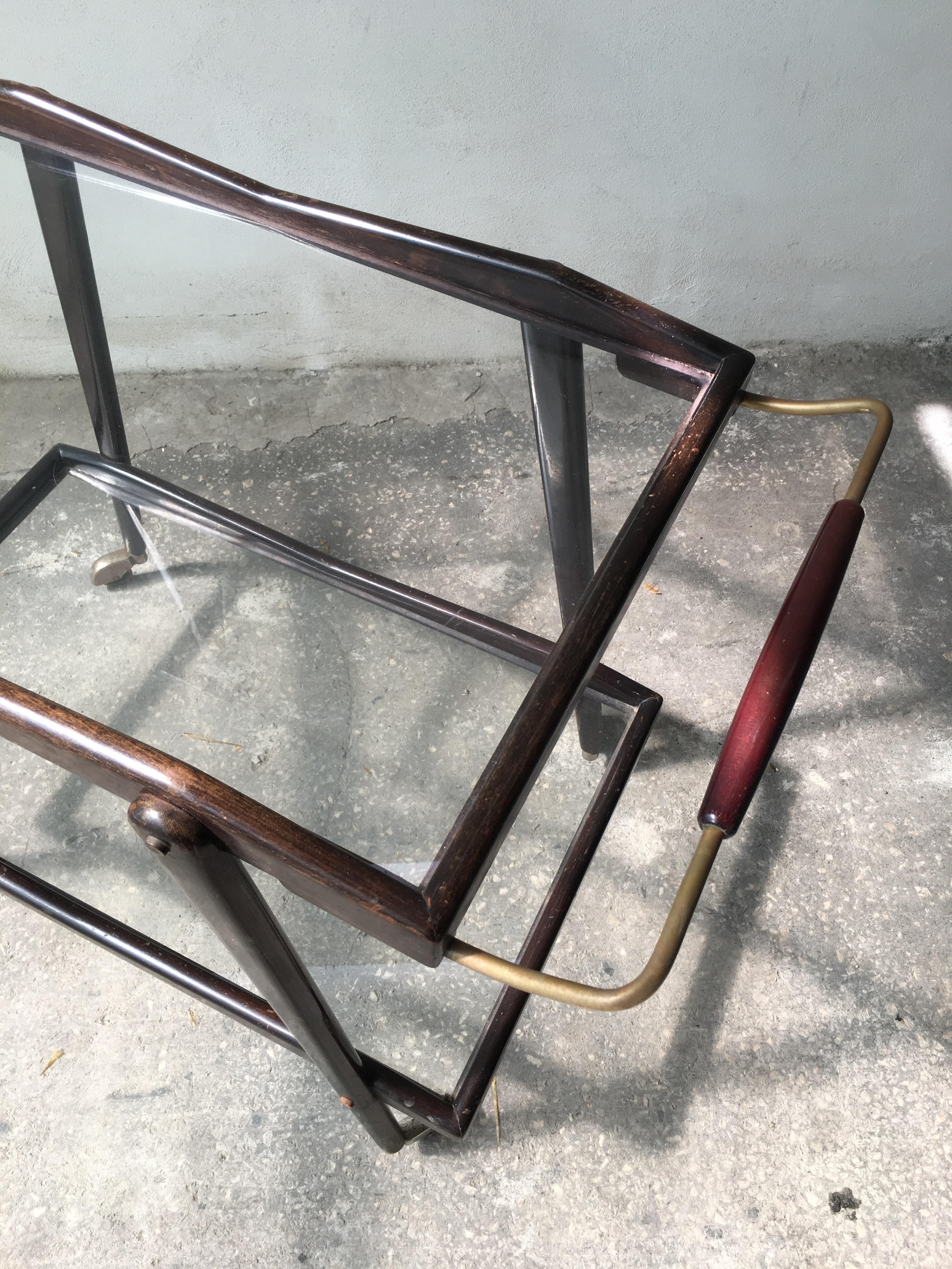 Brass Mahogany Italian Bar Cart or Trolley Designed by Cesare Lacca, 1950s For Sale
