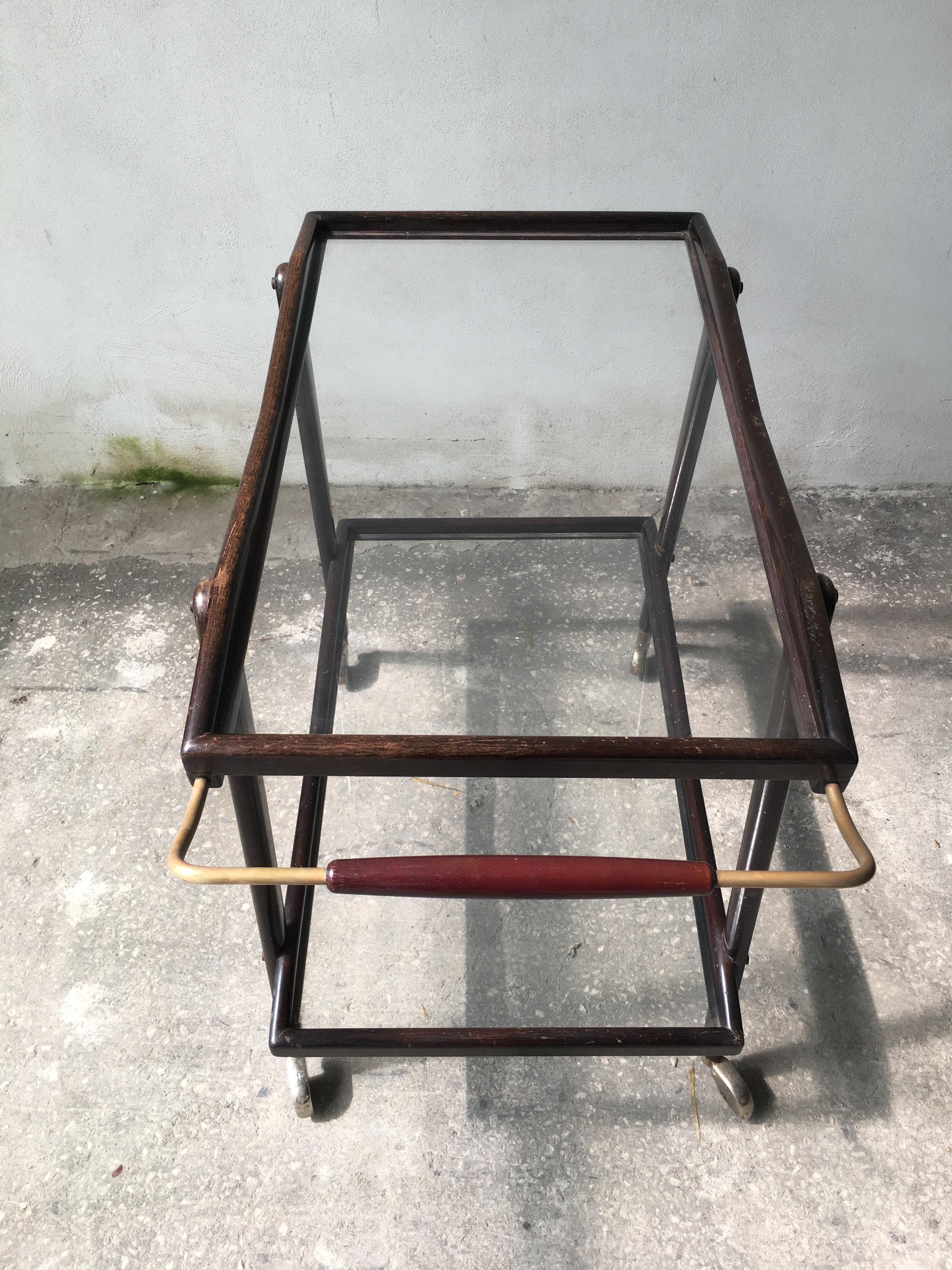 Mahogany Italian Bar Cart or Trolley Designed by Cesare Lacca, 1950s (Messing) im Angebot