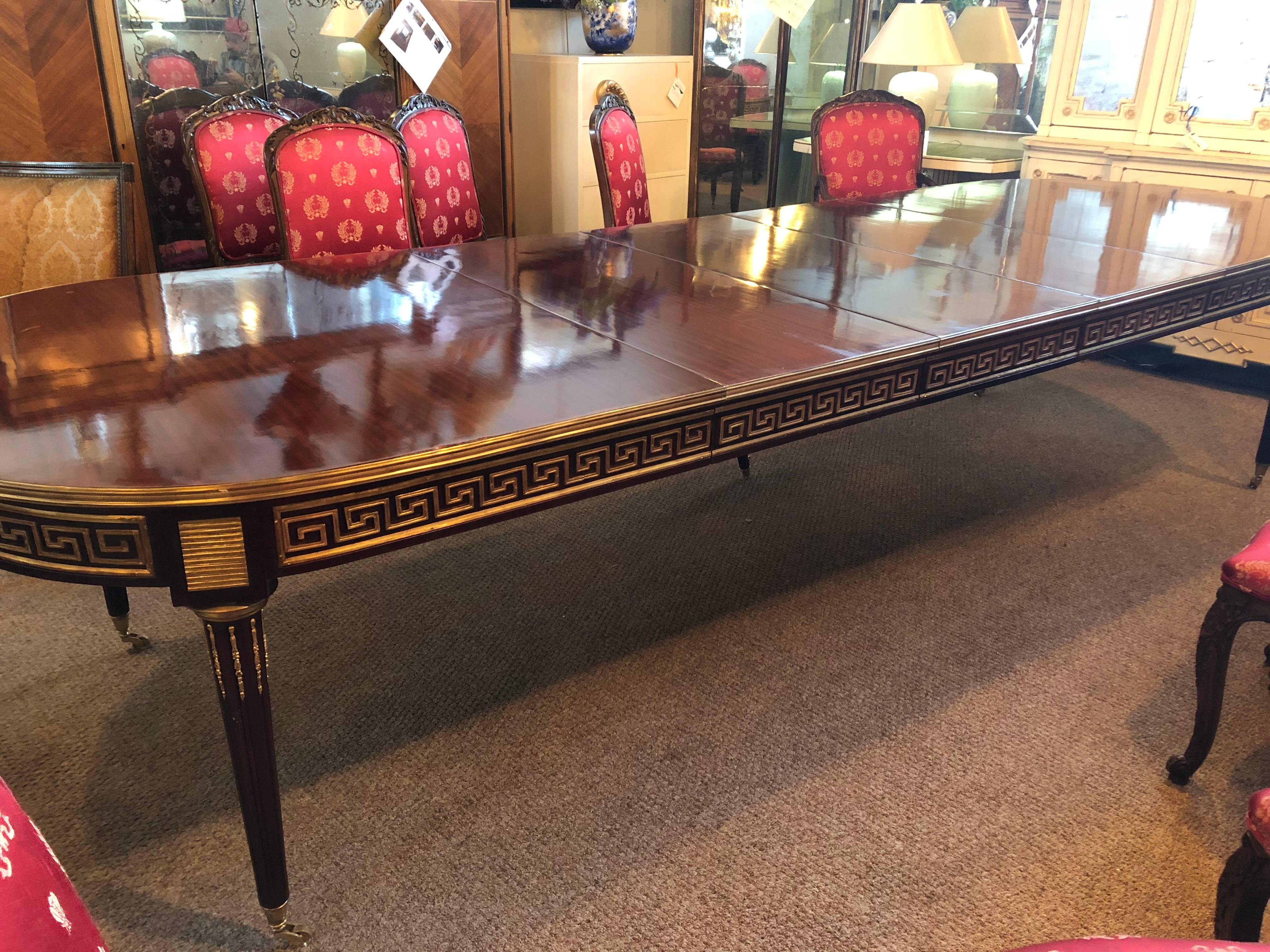 Mahogany Jansen Manner Louis XVI Style Dining Table with Bronze Greek Key Design 2