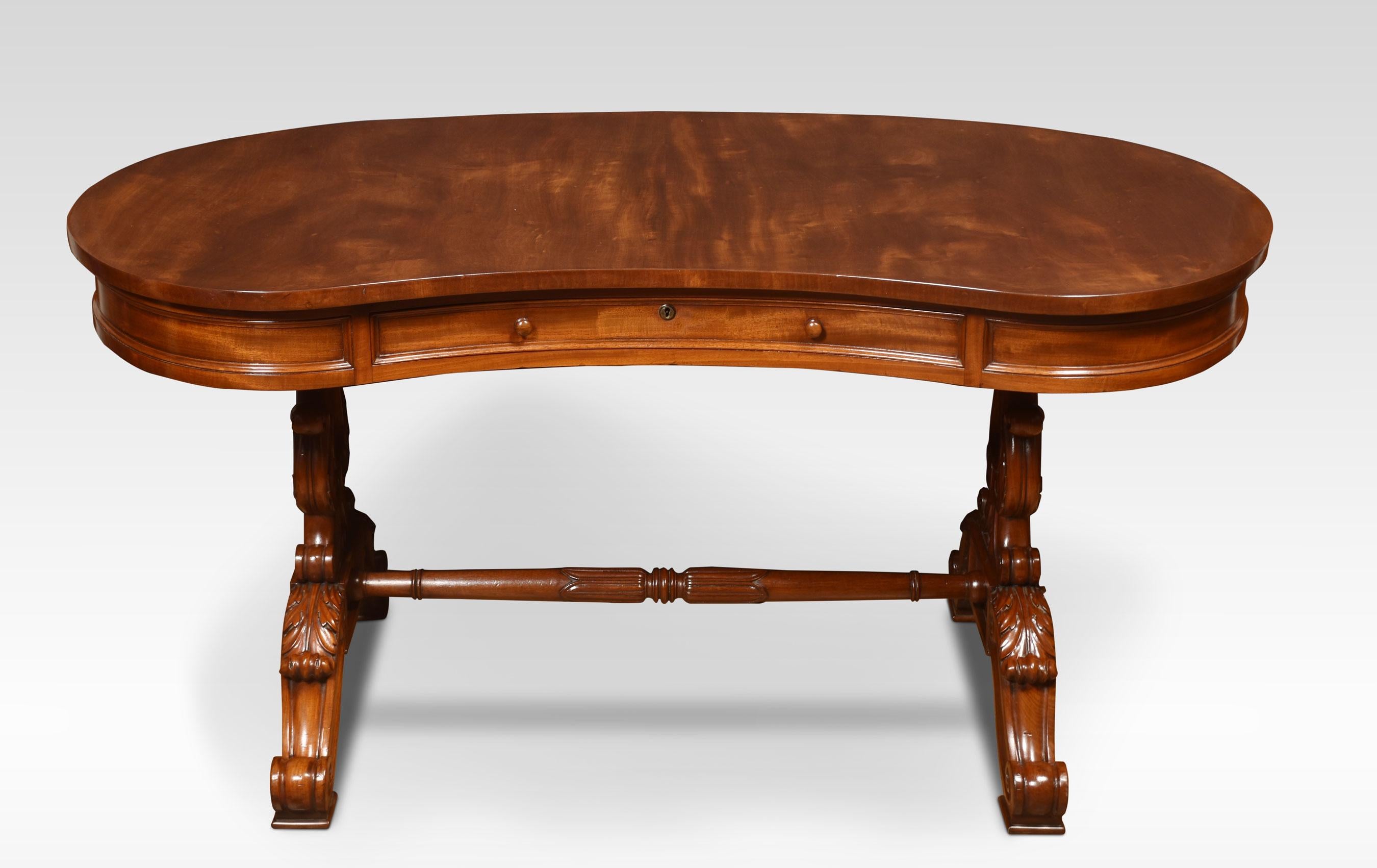 Very large William IV mahogany dressing table the large well figured kidney shaped top above moulded freeze with central drawer. All raised up on shaped supports terminating in scrolling legs. United by turned stretcher.
Dimensions
Height 29.5