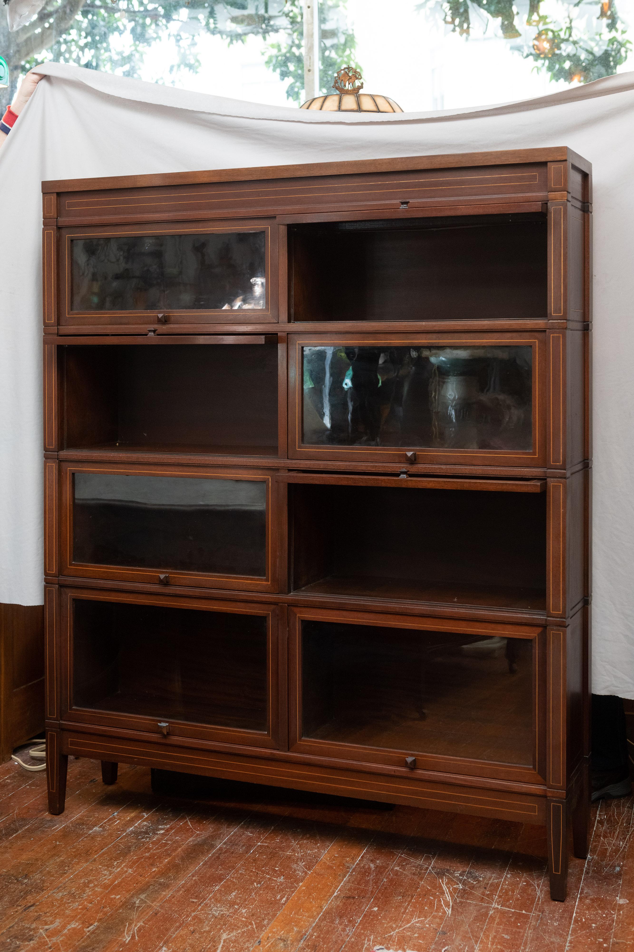 Arts and Crafts Mahogany Lawyer's Bookcase with Marquetry and 8 Compartments, circa 1910