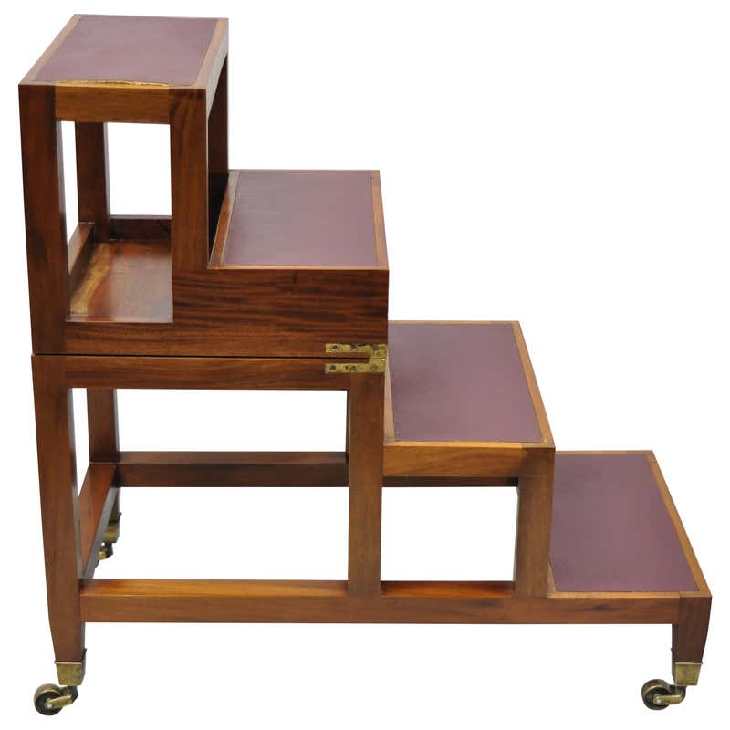 Antique English Regency Mahogany Green Leather Bed Steps Library Side ...