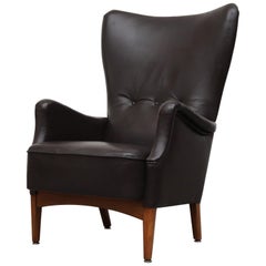 Mahogany Leather Fritz Hansen High Back Lounge Armchair