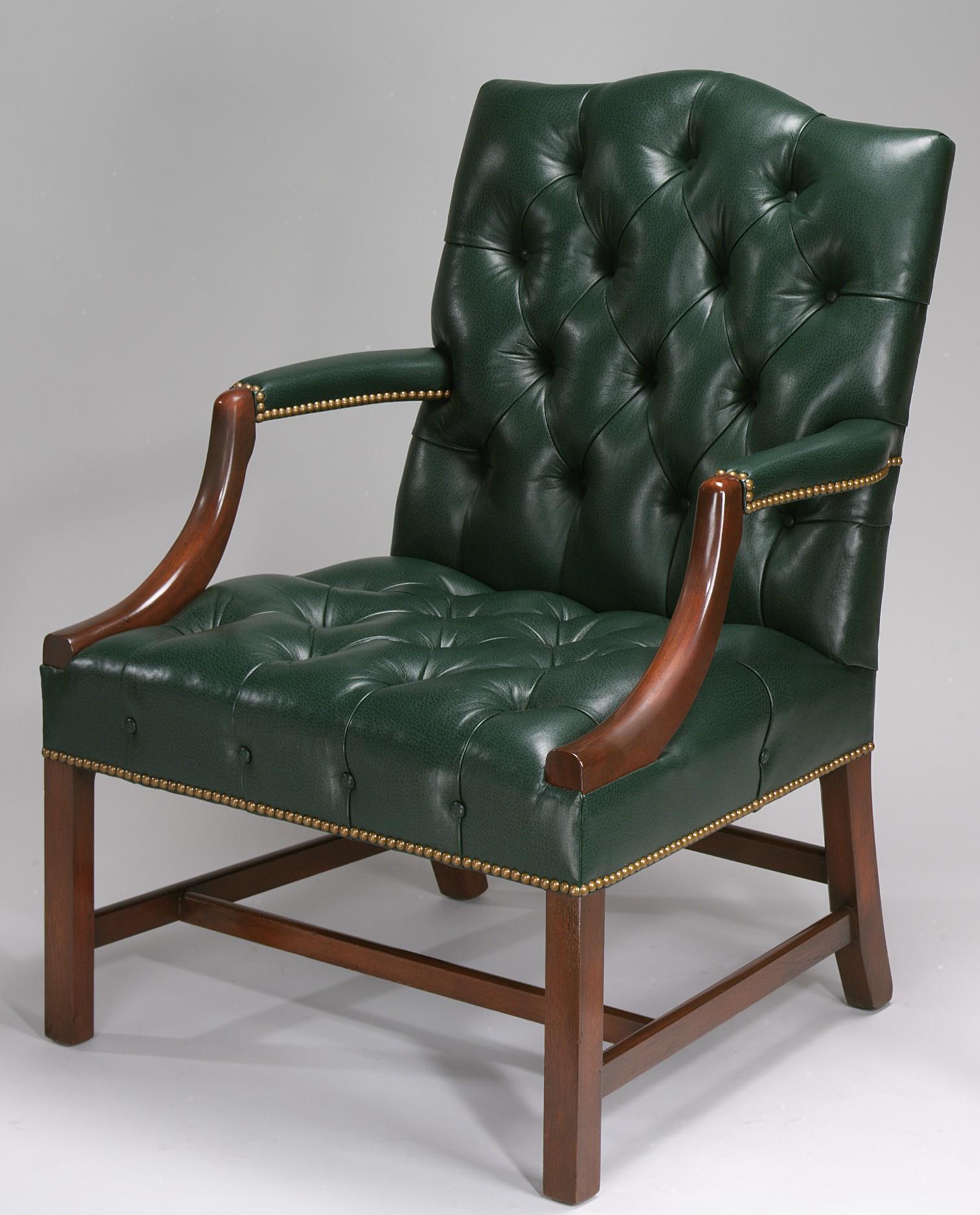 Georgian Mahogany Leather Gainsborough Style Armchair w/ Diamond Tufted Seat & Back For Sale