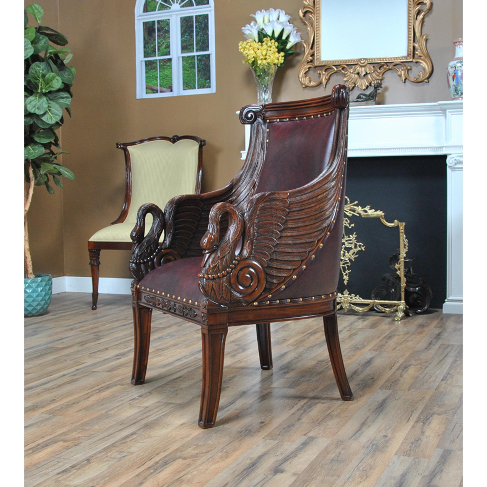 Hand-Carved Mahogany Leather Swan Arm Chair Red Leather For Sale
