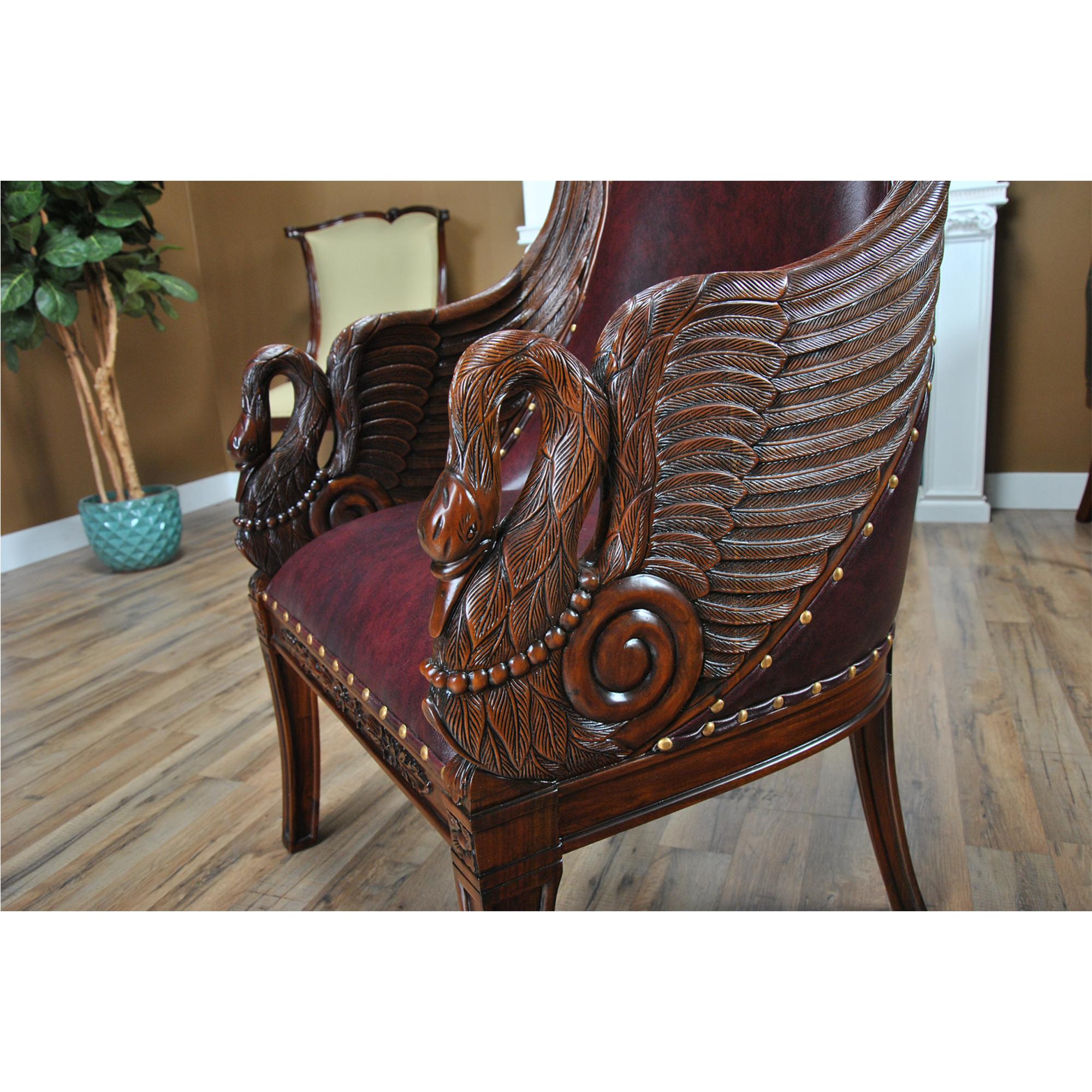 Mahogany Leather Swan Arm Chair Red Leather In New Condition For Sale In Annville, PA