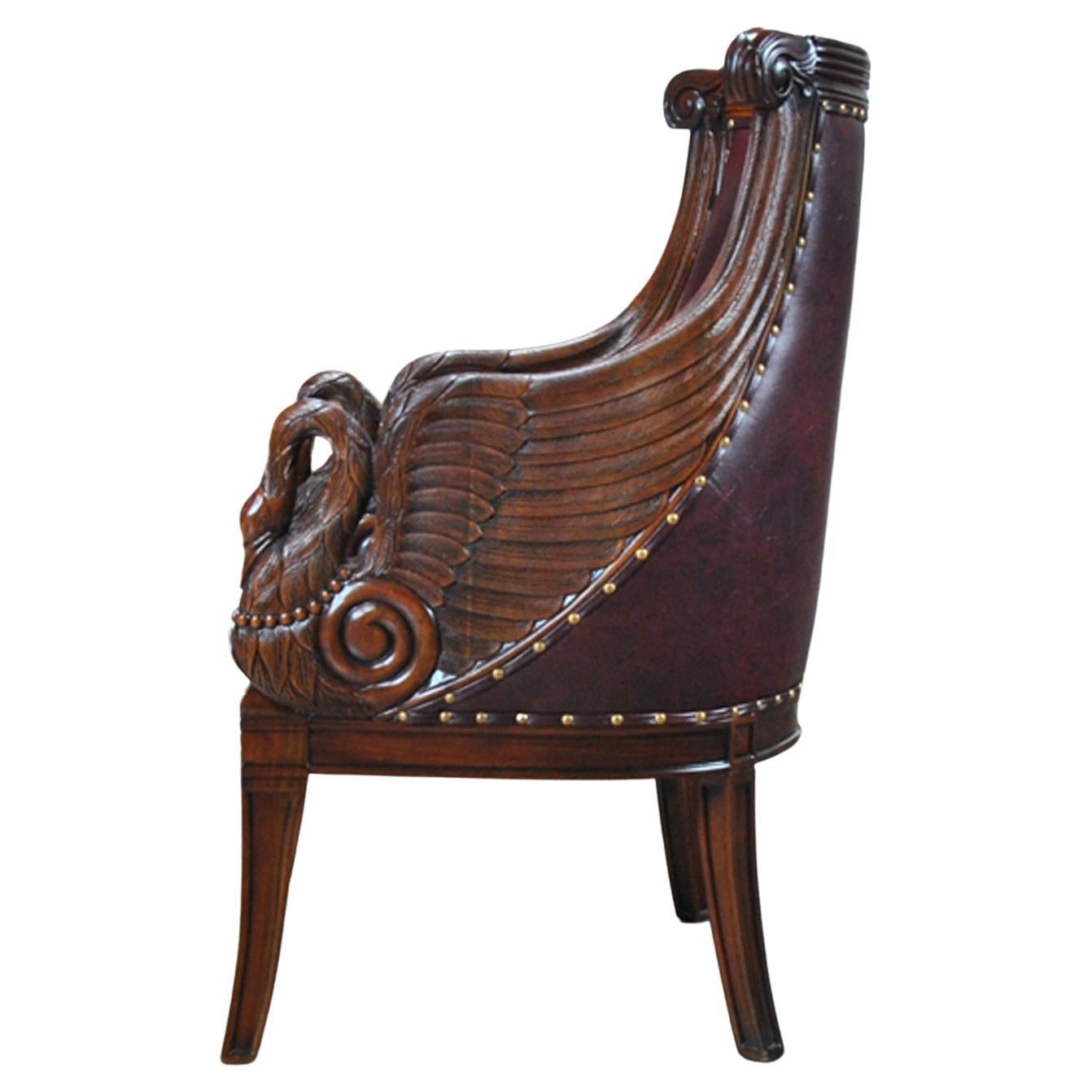 Mahogany Leather Swan Arm Chair Red Leather For Sale