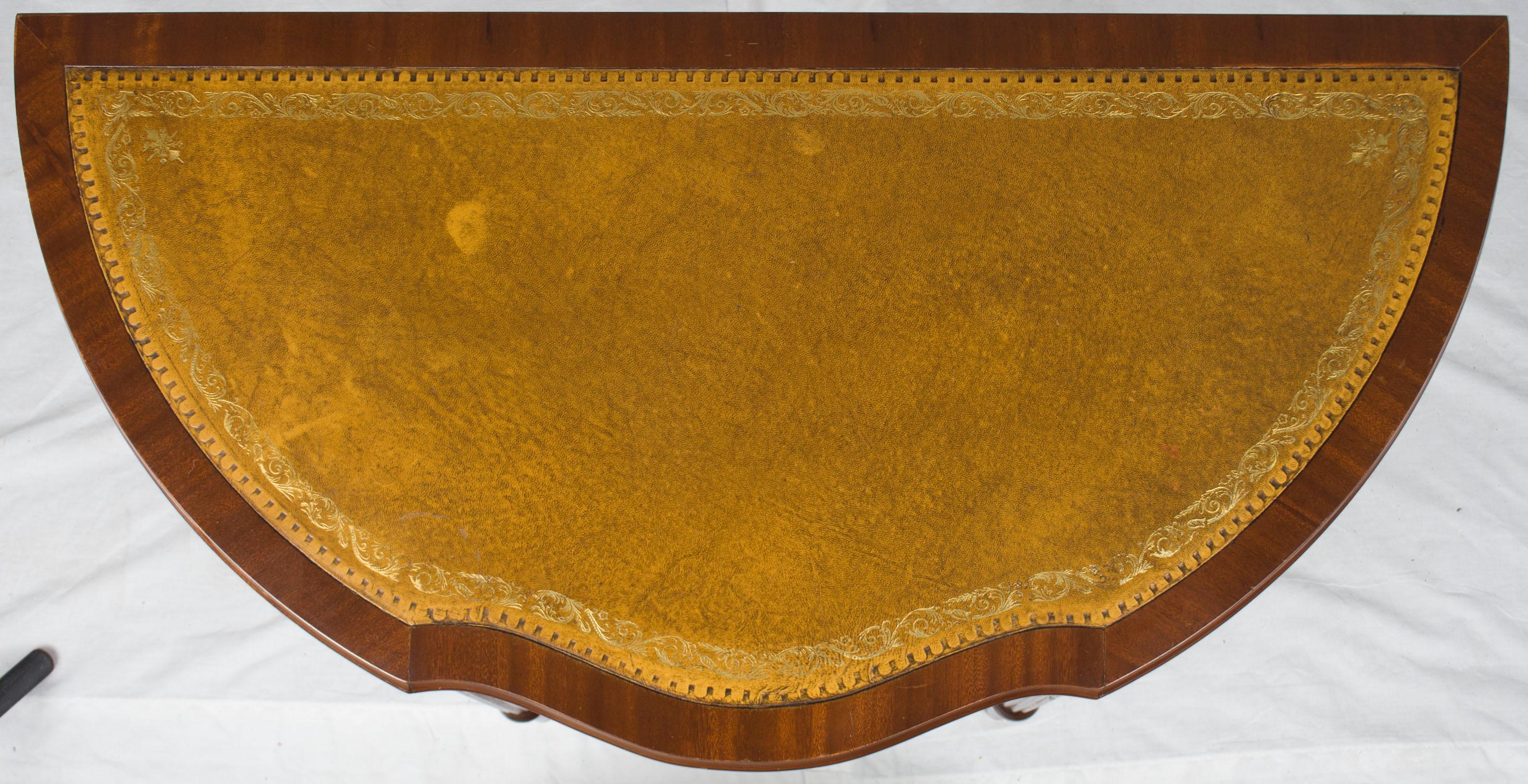 Regency Mahogany Leather Top Demilune Hall Table with Drawer For Sale
