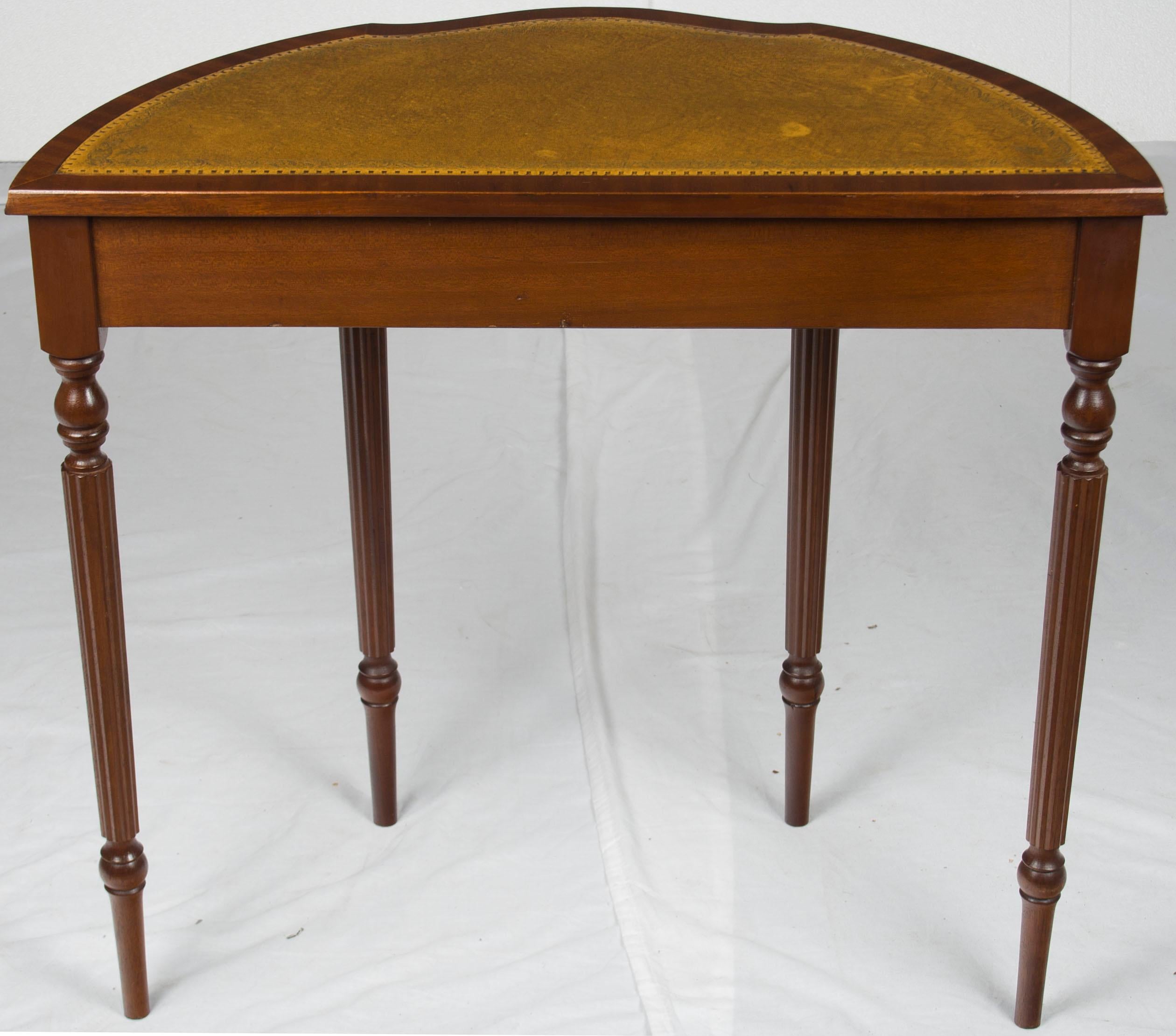 Mahogany Leather Top Demilune Hall Table with Drawer In Good Condition For Sale In Atlanta, GA