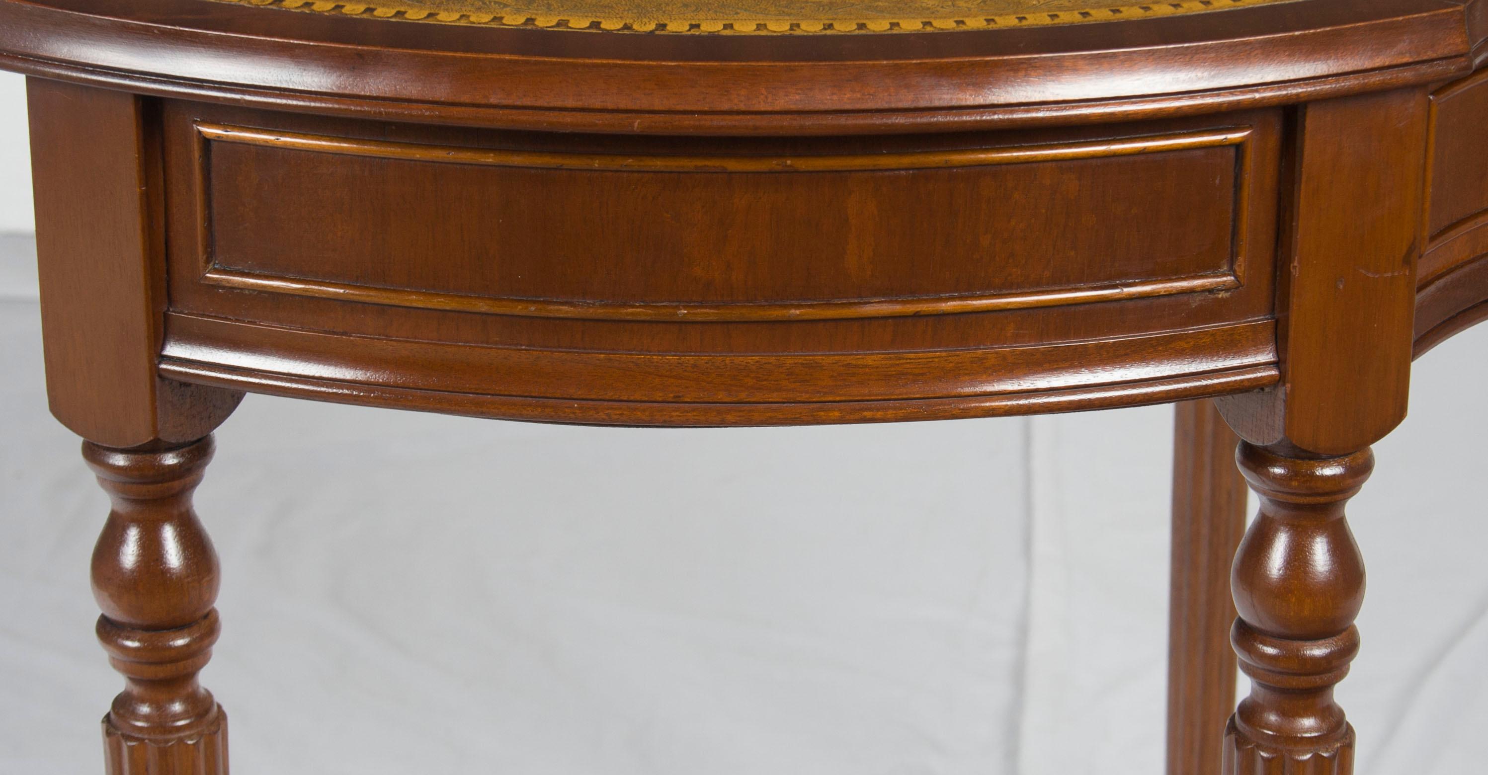 Mid-20th Century Mahogany Leather Top Demilune Hall Table with Drawer For Sale