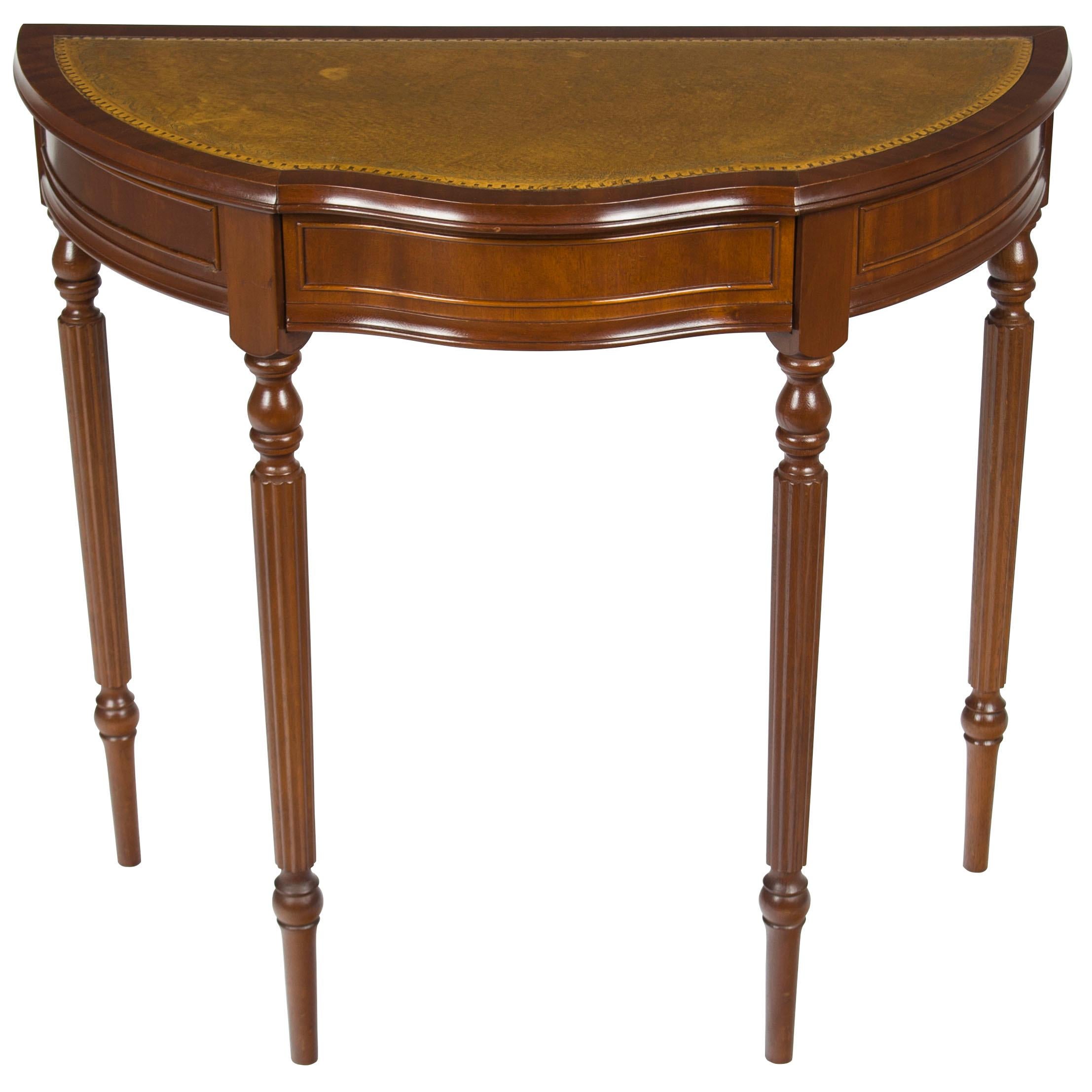 Mahogany Leather Top Demilune Hall Table with Drawer For Sale