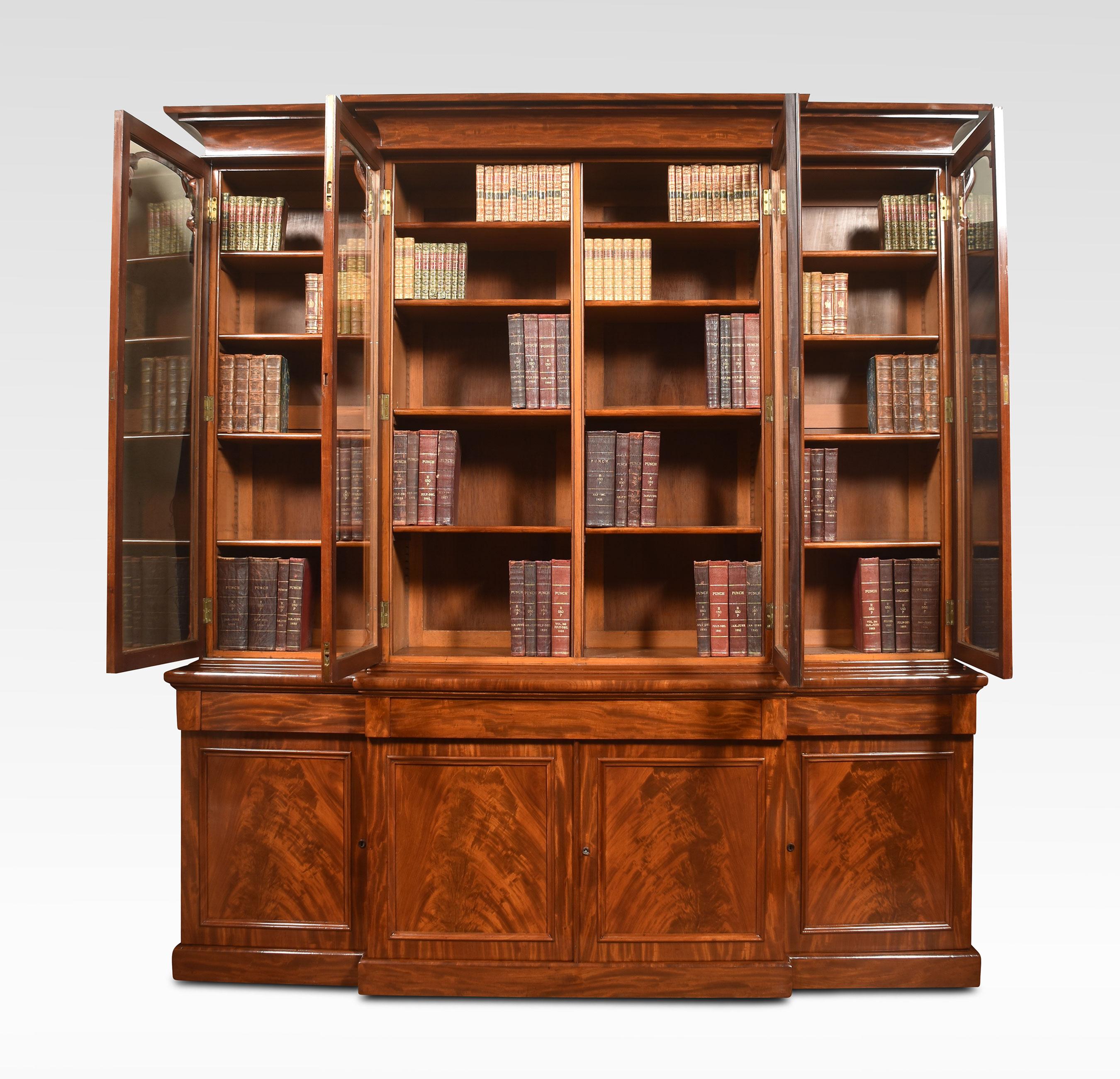 British Mahogany Library Breakfront Bookcase For Sale