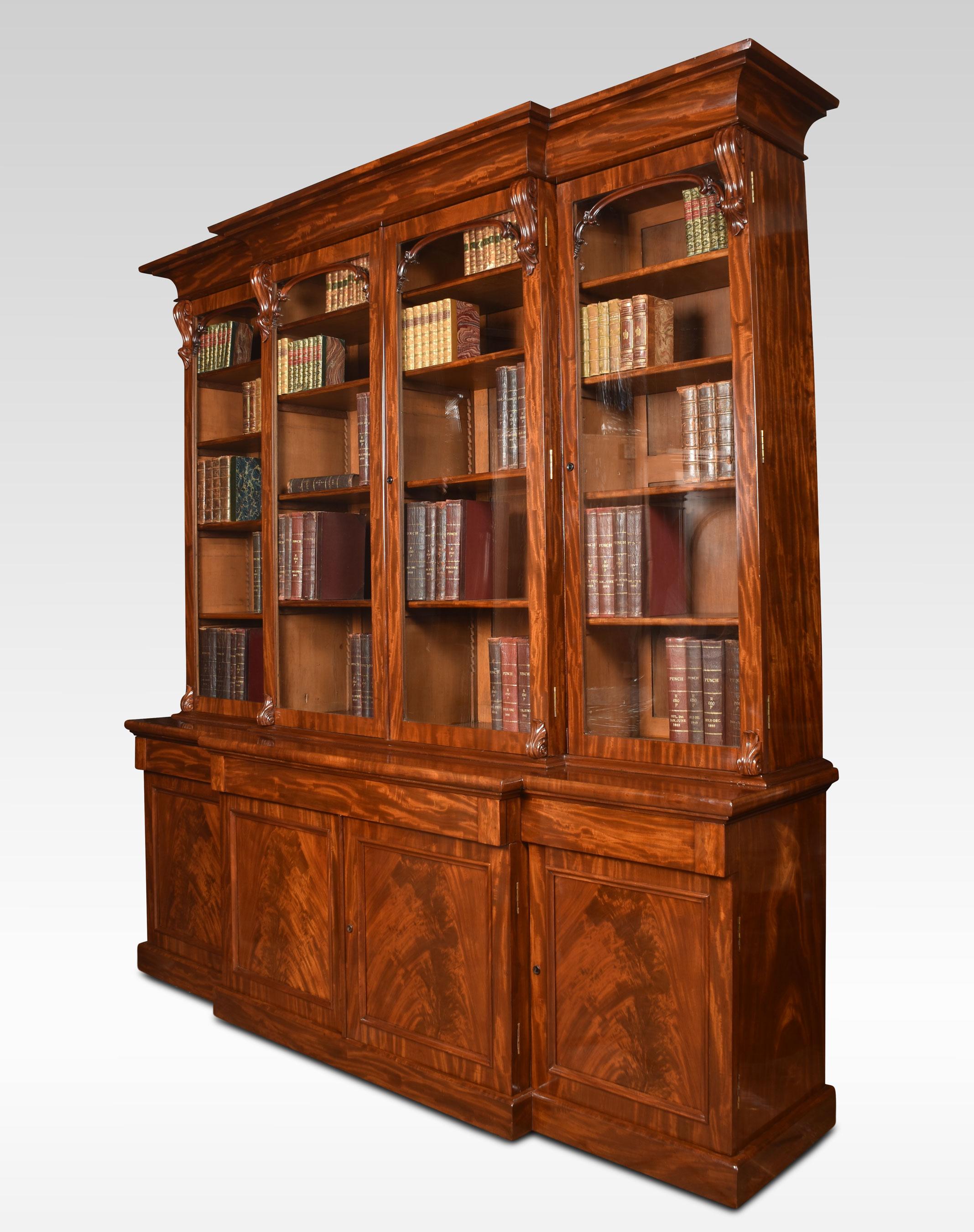 Wood Mahogany Library Breakfront Bookcase For Sale