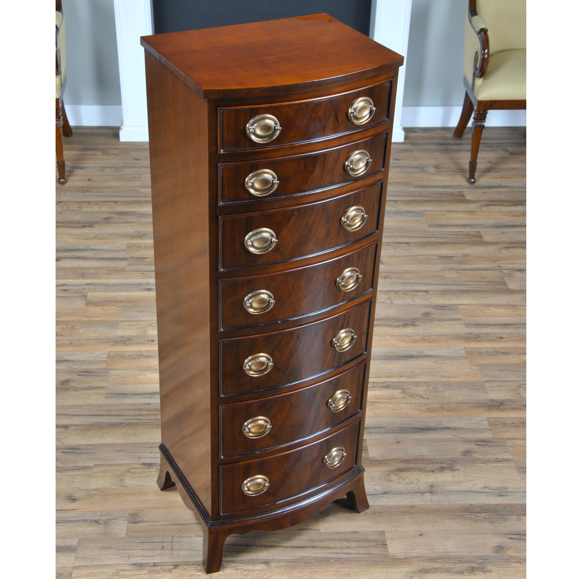 The beautifully crafted Mahogany Lingerie chest, a high quality piece of furniture from top to bottom. This tall chest was designed to store lingerie but it can hold any variety of items, all in a narrow space. Hard to find vertical storage, all on