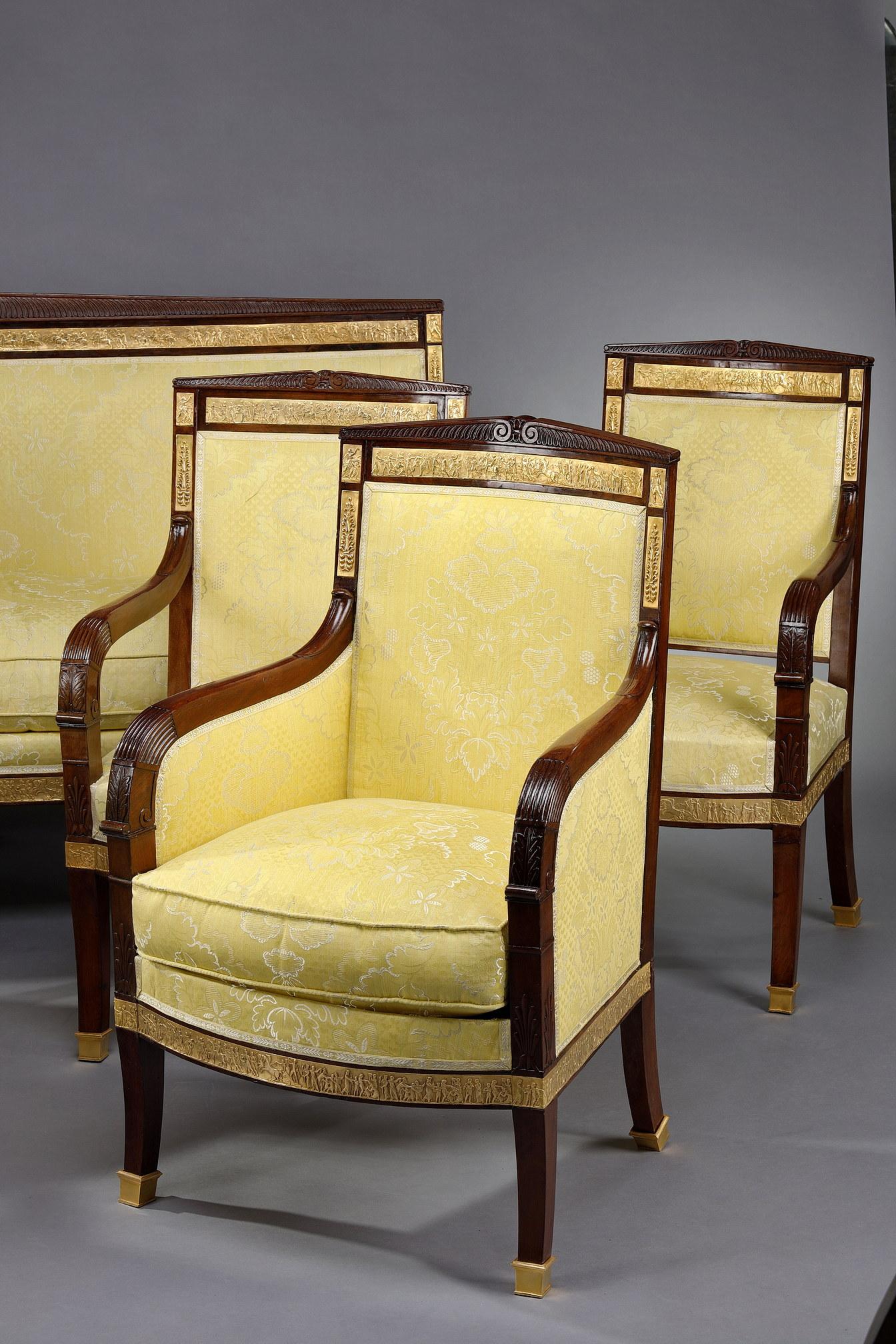French Mahogany living room set with four armchairs, two bergères and a sofa For Sale