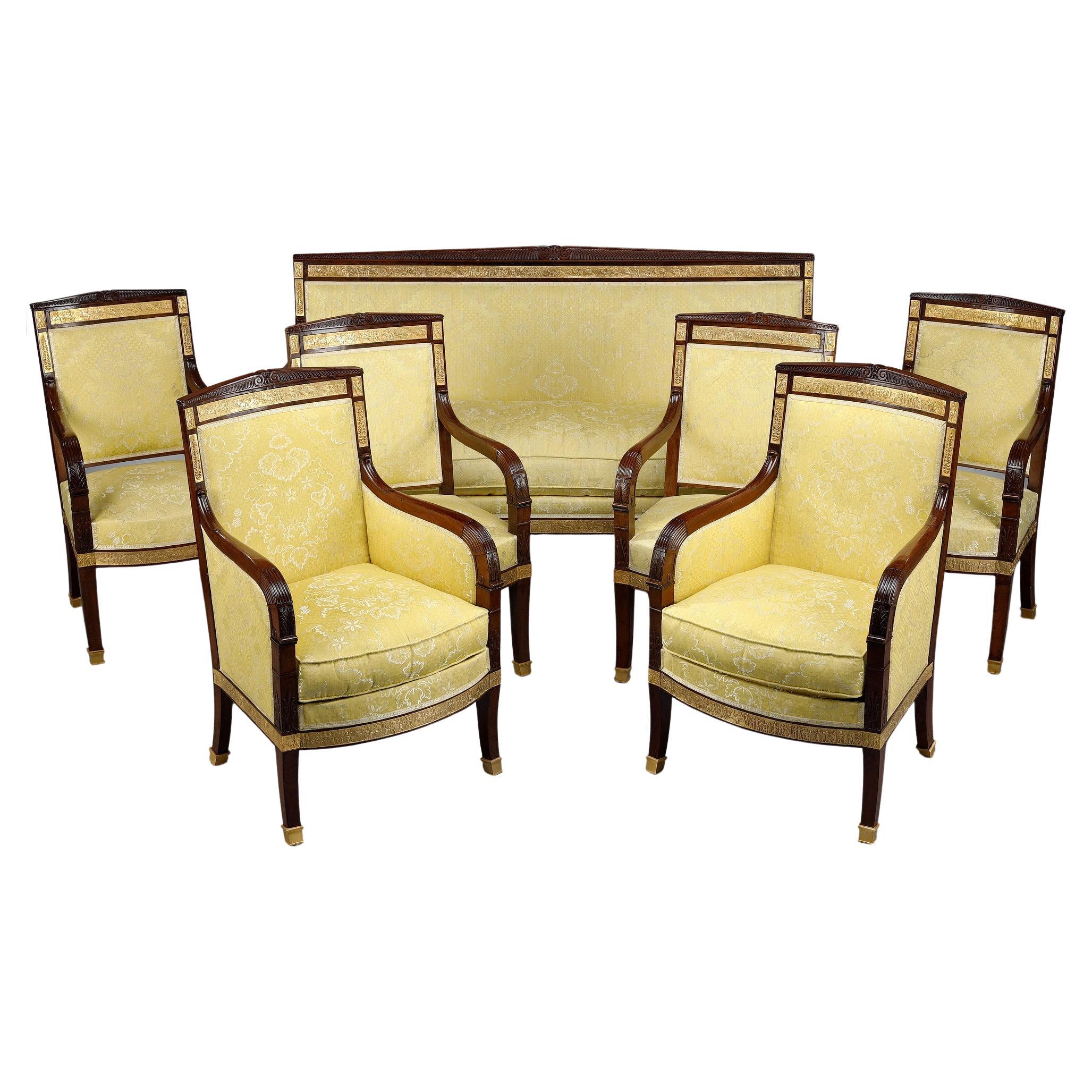 Mahogany living room set with four armchairs, two bergères and a sofa For Sale