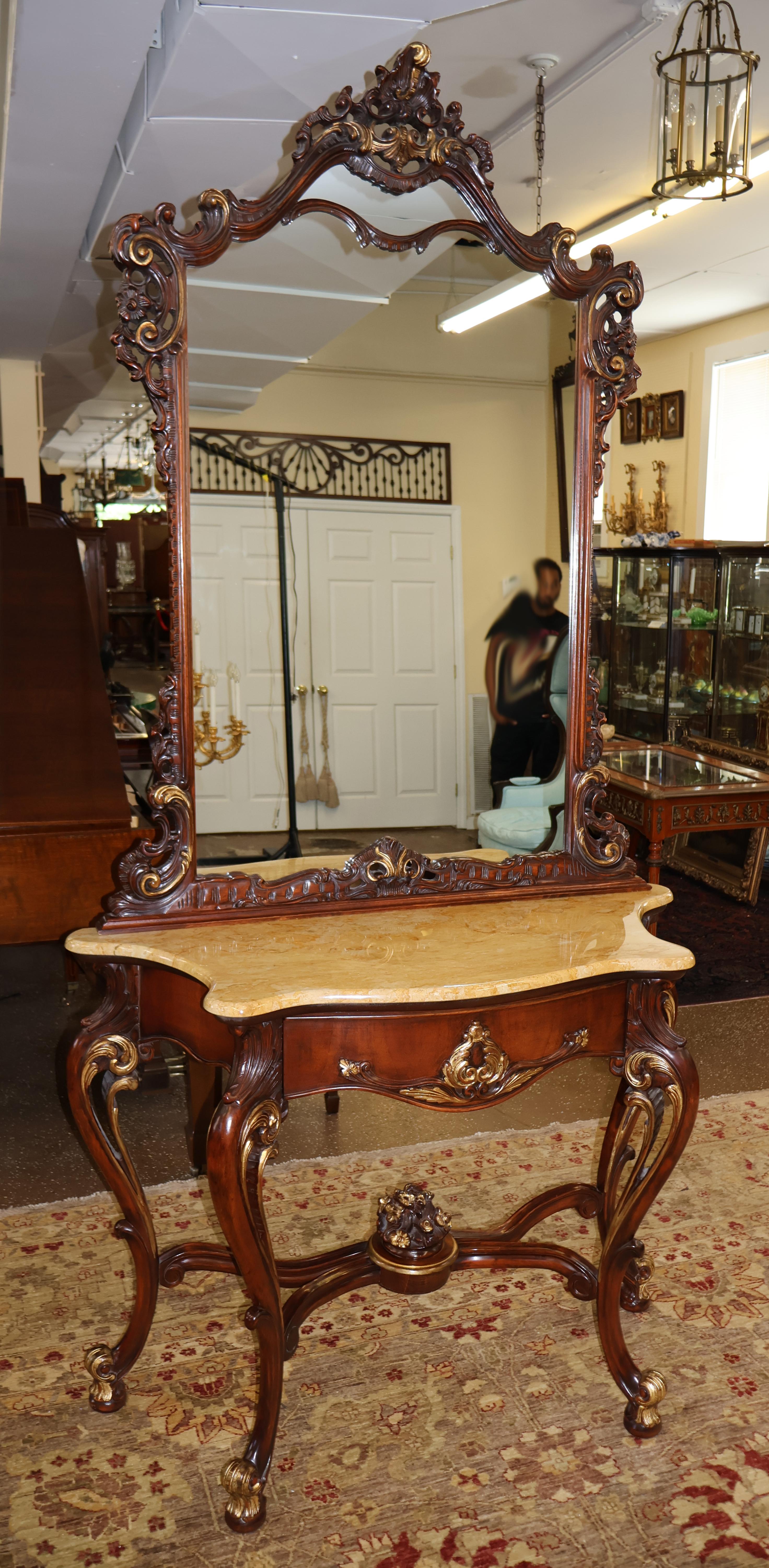 Mahogany Louis XV French Style Marble Top Console With Mirror For Sale 5