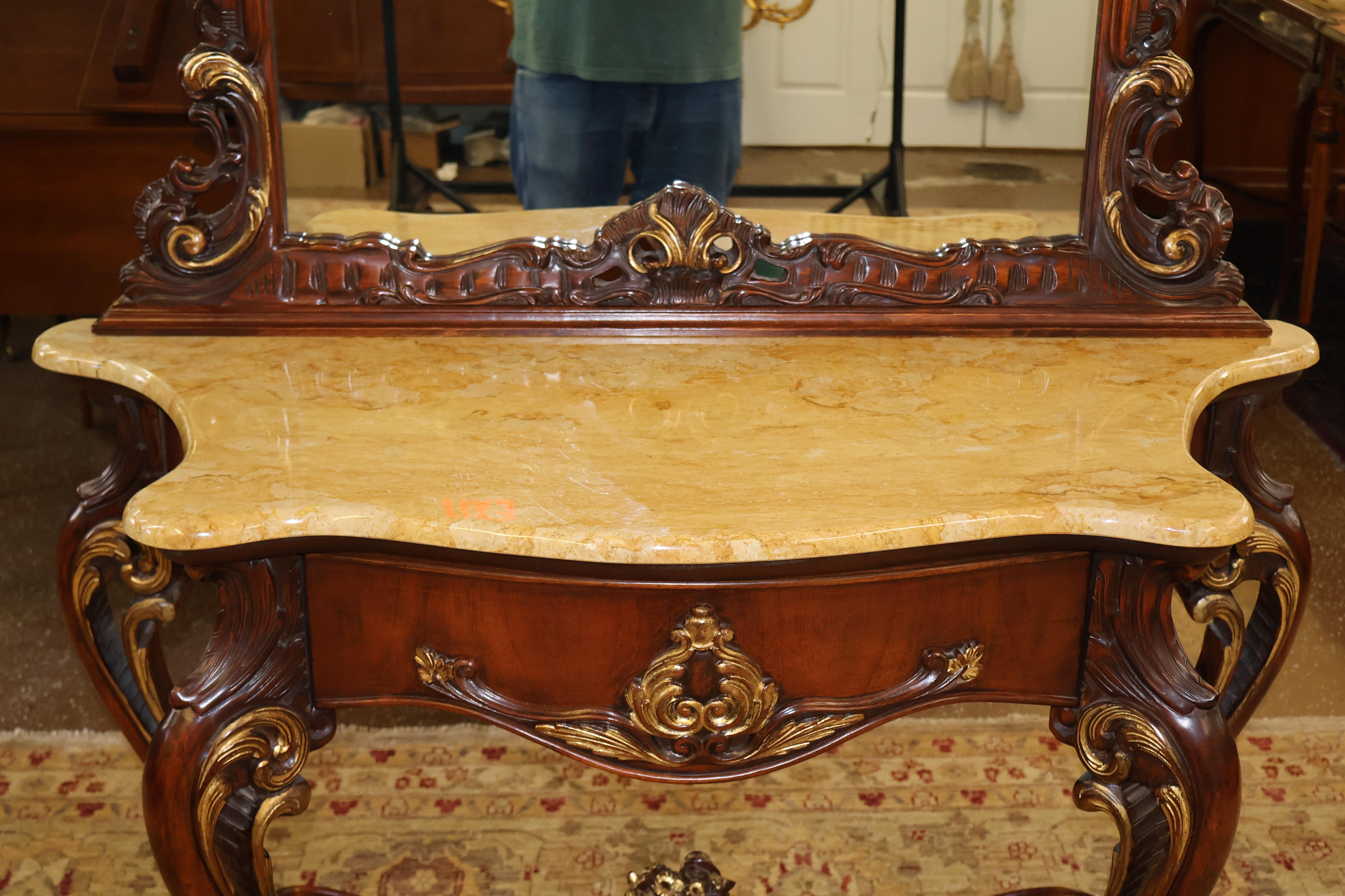 Mahogany Louis XV French Style Marble Top Console With Mirror For Sale 7