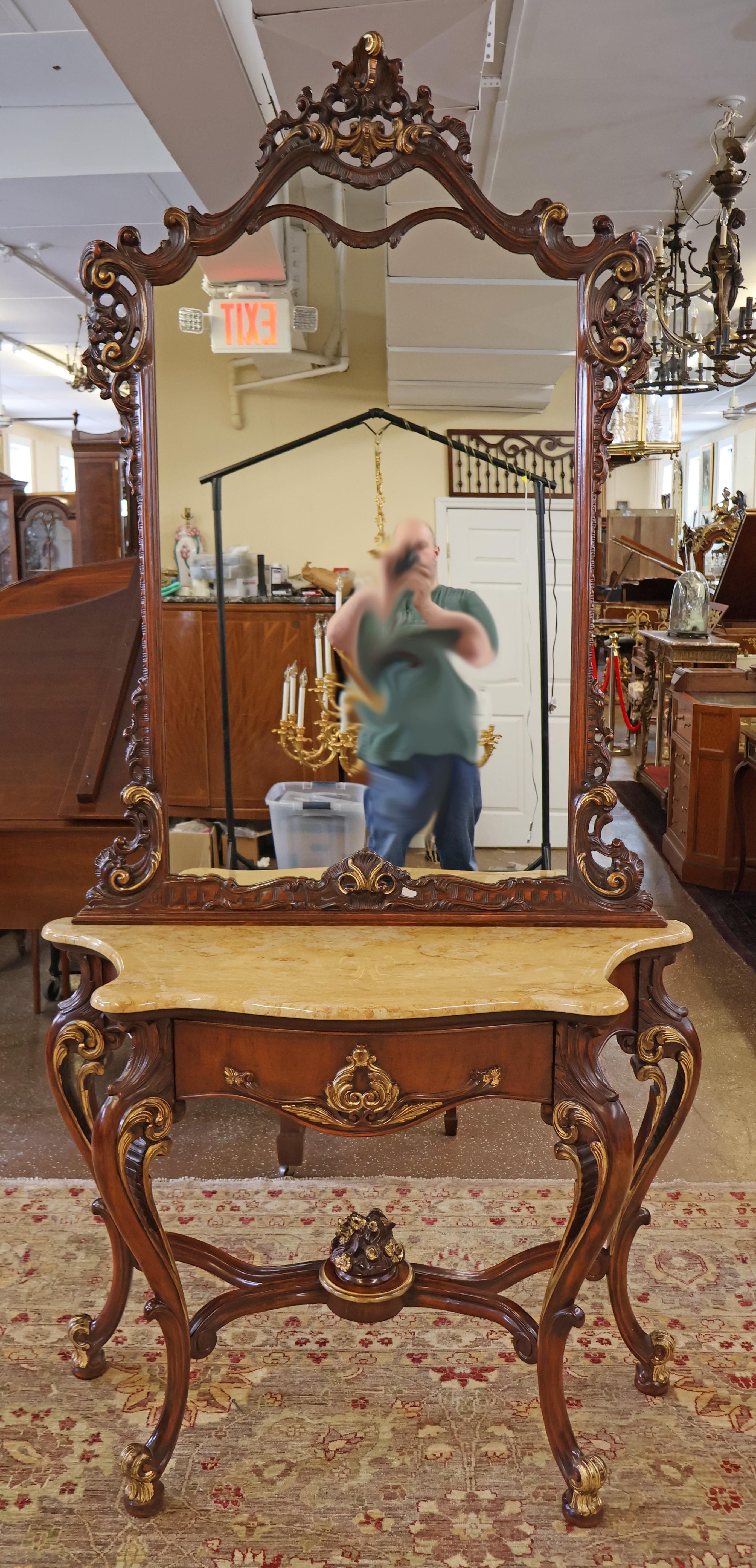Unknown Mahogany Louis XV French Style Marble Top Console With Mirror For Sale