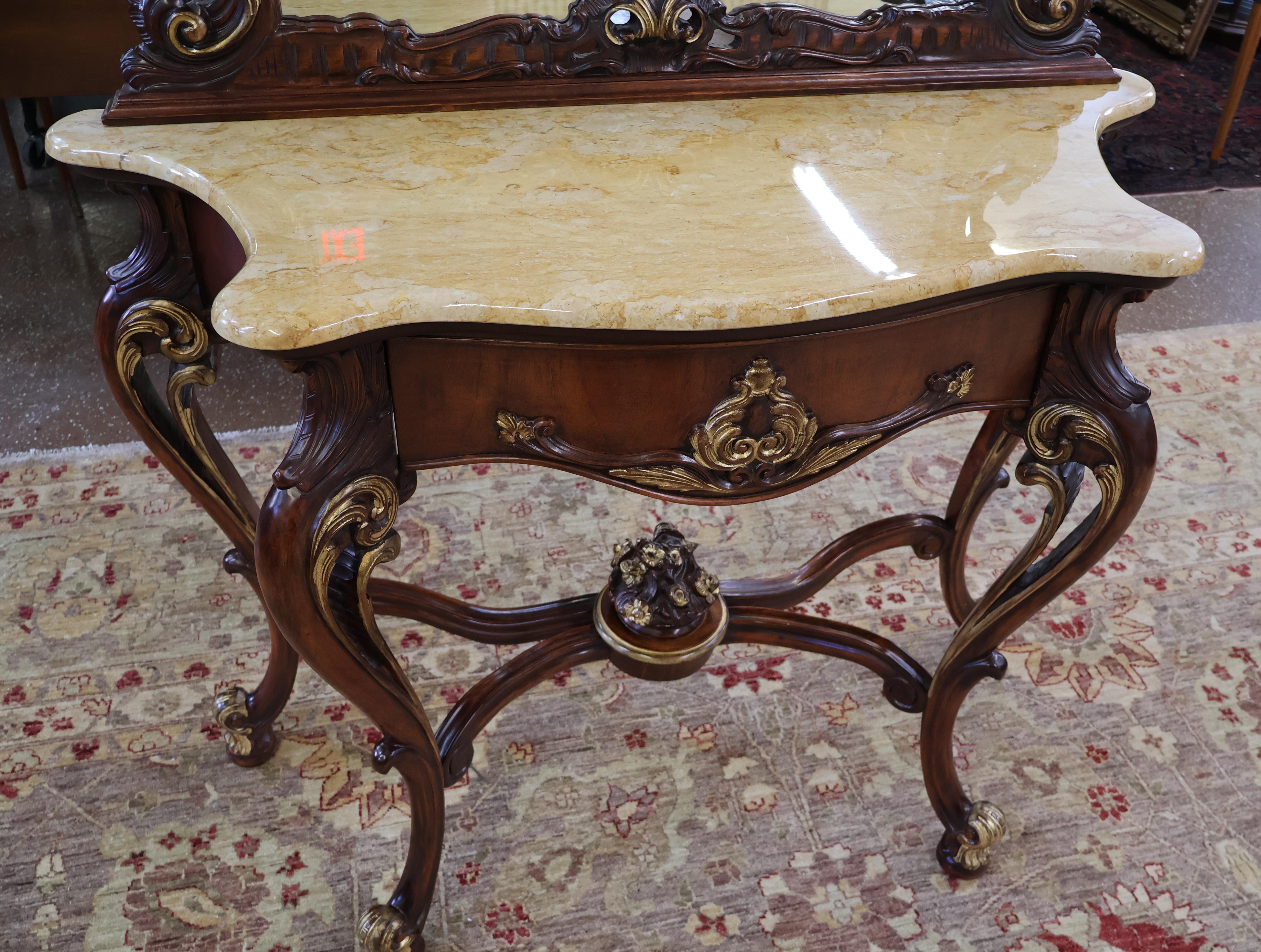 Mahogany Louis XV French Style Marble Top Console With Mirror In Good Condition For Sale In Long Branch, NJ