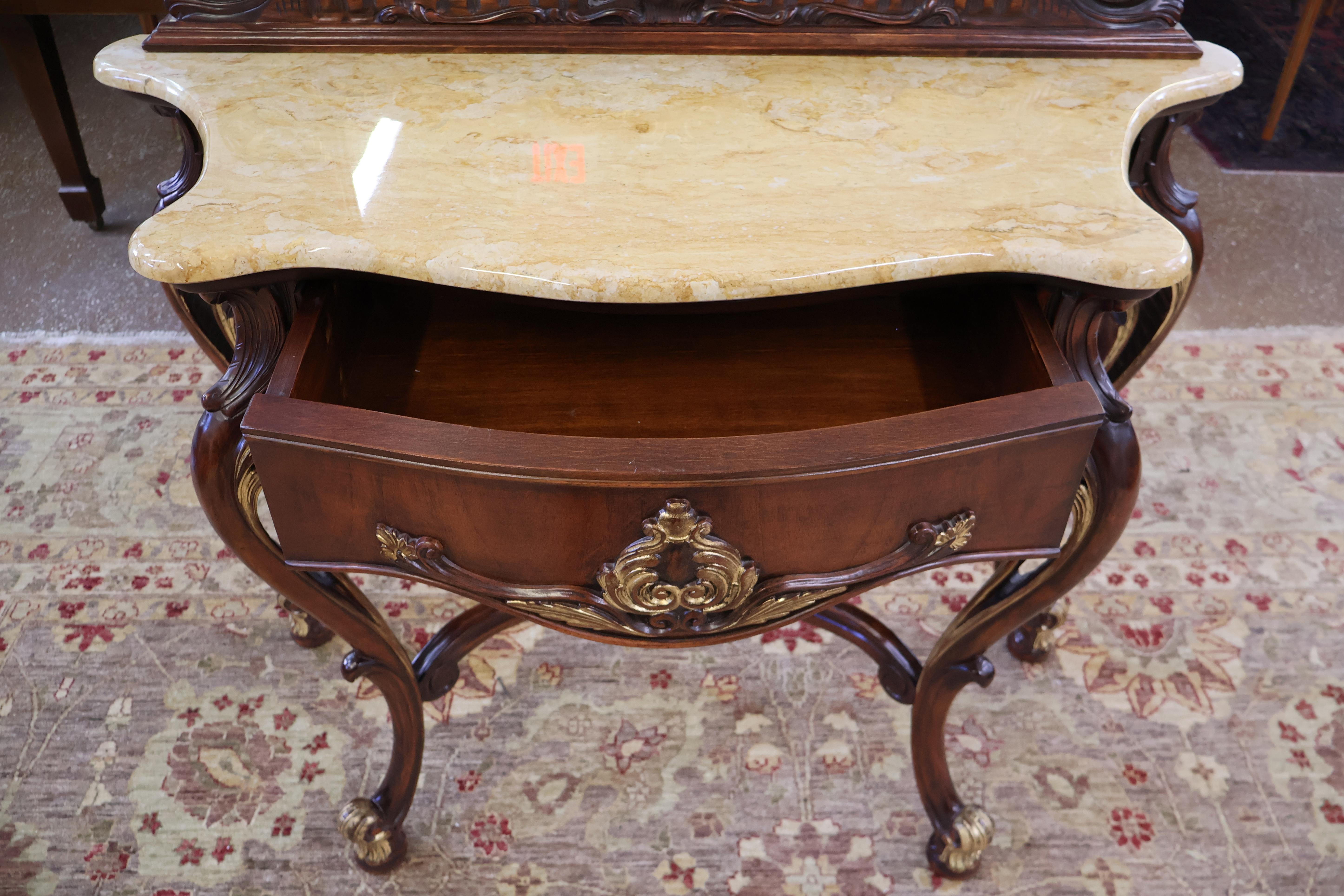 Contemporary Mahogany Louis XV French Style Marble Top Console With Mirror For Sale