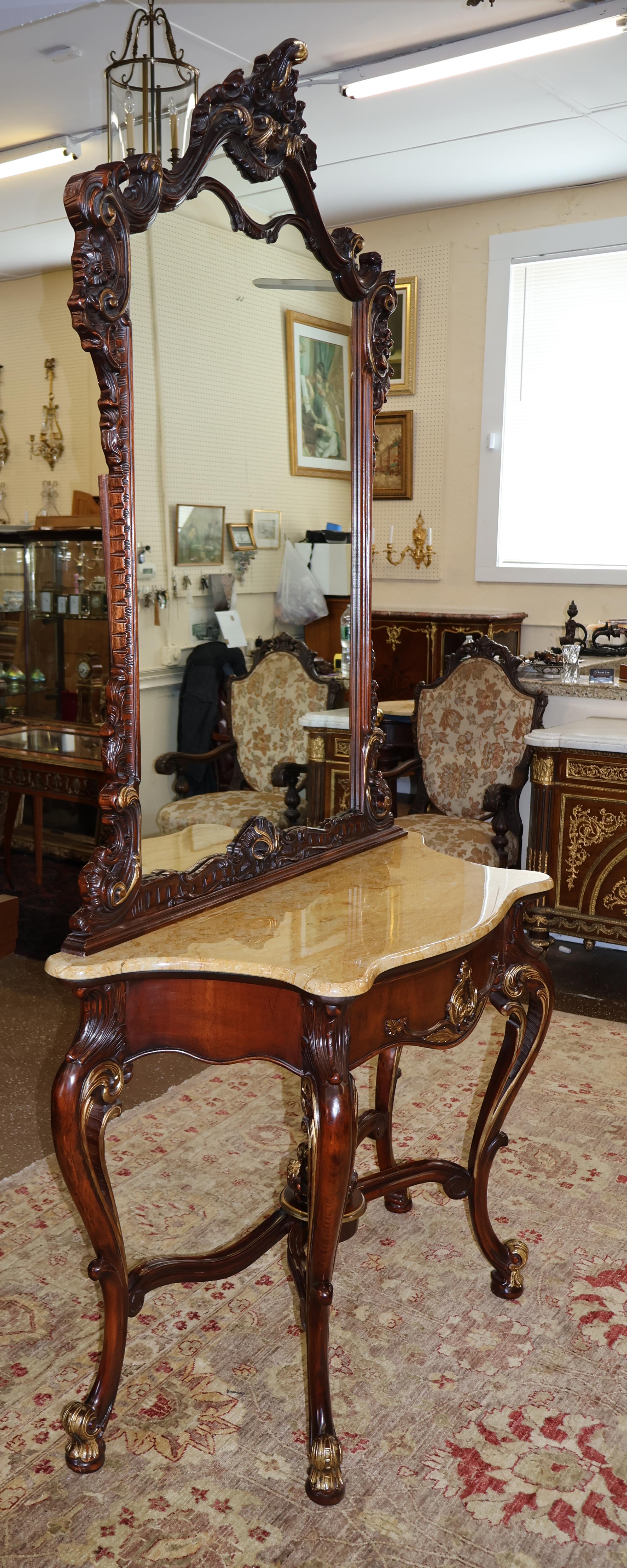 Mahogany Louis XV French Style Marble Top Console With Mirror For Sale 2