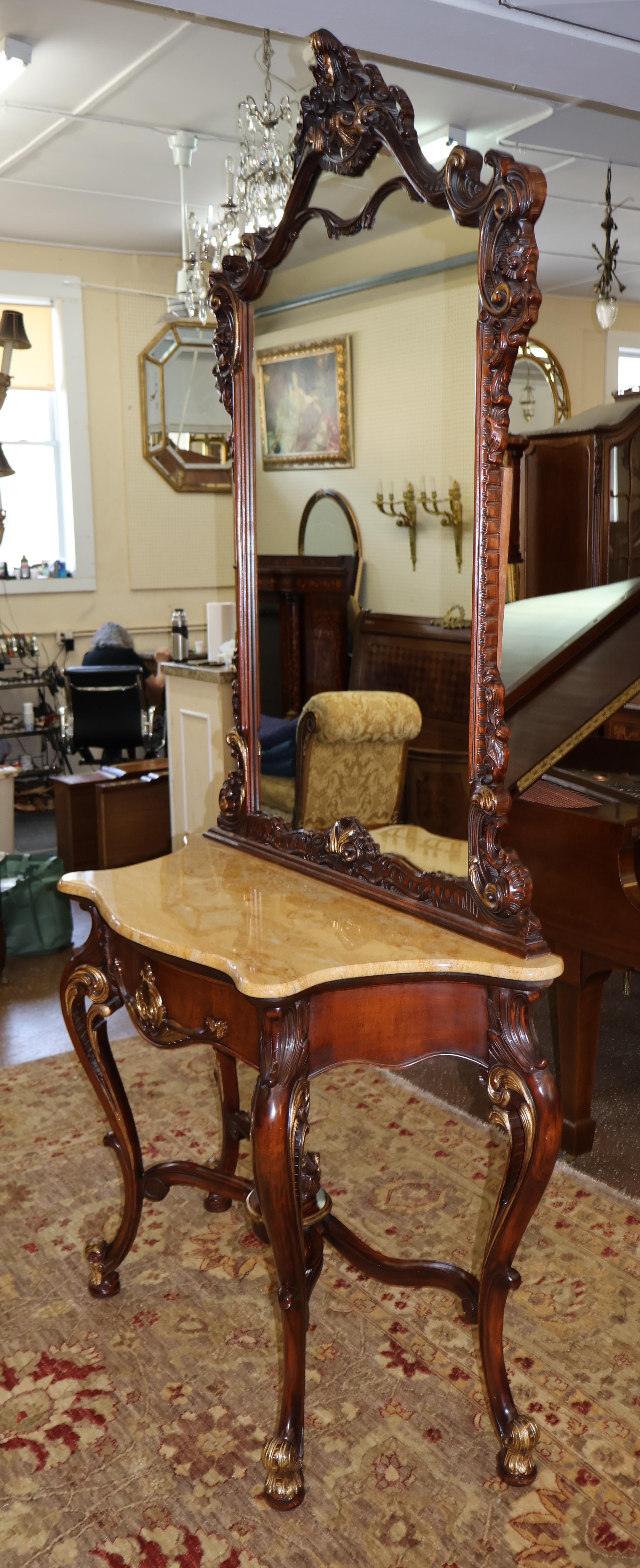 Mahogany Louis XV French Style Marble Top Console With Mirror For Sale 3