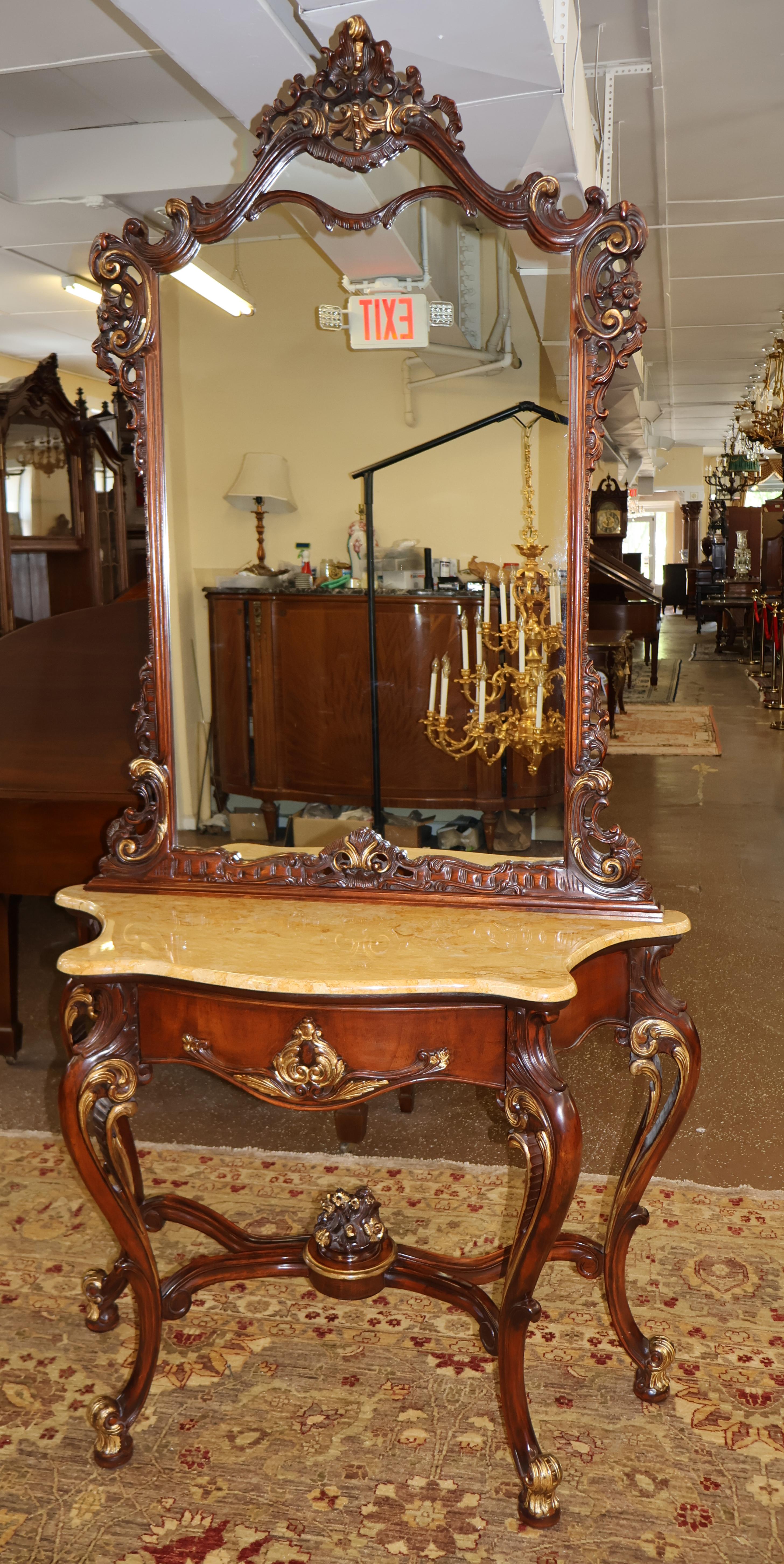 Mahogany Louis XV French Style Marble Top Console With Mirror For Sale 4