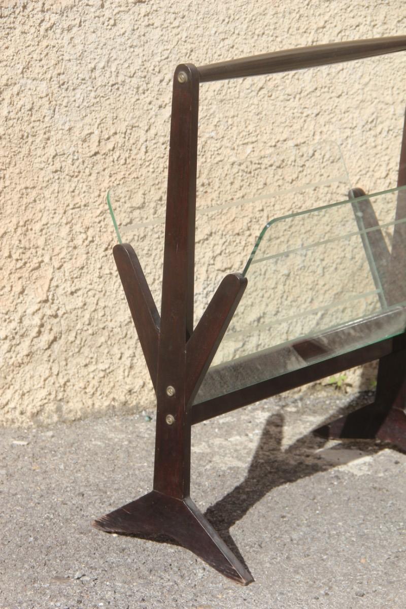 Mahogany Magazine Rack Geometric Shape Italian Design Midcentury Glass Parts In Good Condition For Sale In Palermo, Sicily